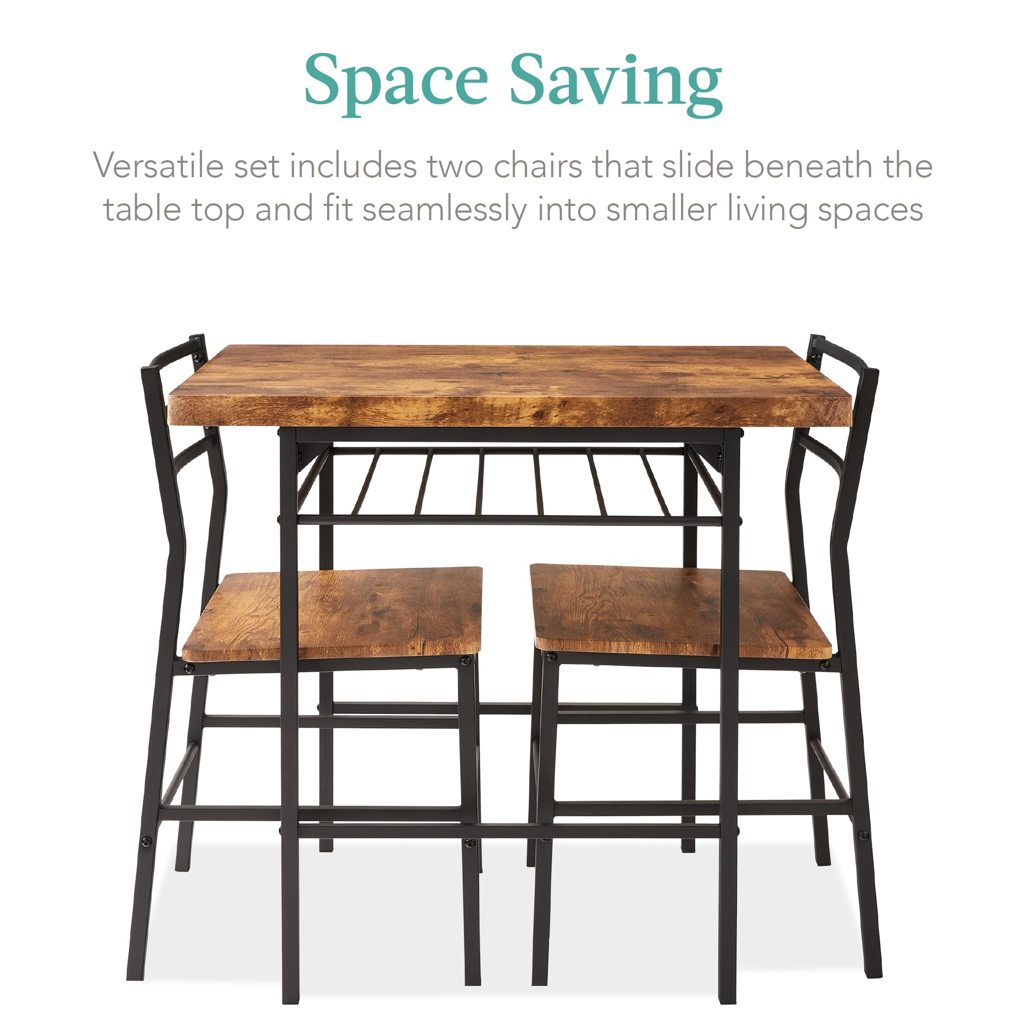 Best Choice Products 3-Piece Modern Dining Set with Steel Frame & Built-in Storage - Space Saving Kitchen Dinette for Small Apartments, Breakfast Nooks & Compact Dining Rooms (Brown) - Perfect for Studio Living, Tiny Homes & Cozy Dining Spaces