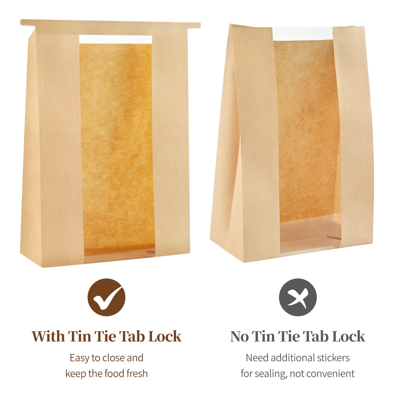 100 PCS Large Paper Bread Bags with Window - 13.7 x 8.2 x 3.5 Inches Bakery Packaging for Sourdough Bread, Homemade Loaves | Tin Tie Tab Lock & Seal Stickers | Perfect for Bakeries, Farmers Markets & Gift Packaging