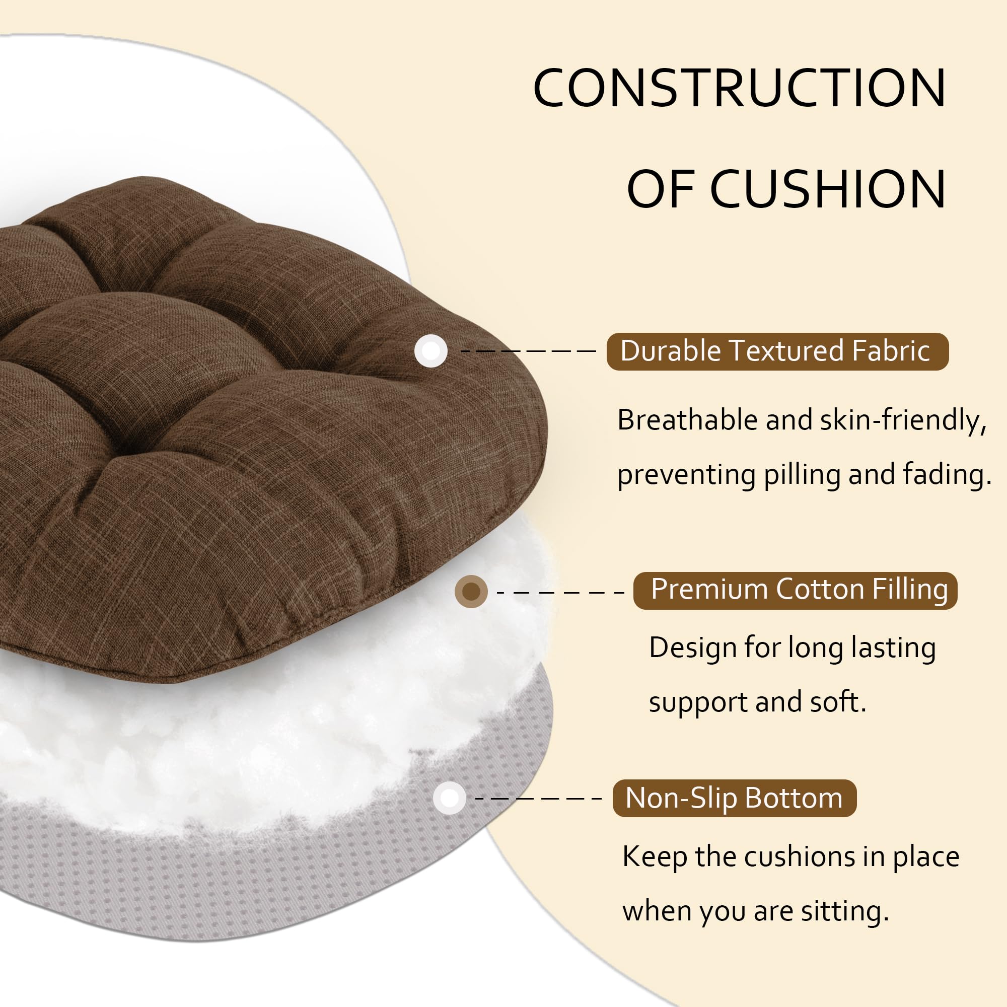 ELFJOY 4-Pack Dining Chair Cushions 18x18x3 Inch - Non-Slip Office & Kitchen Seat Pads with Ties - Soft Comfortable Chair Cushions for Home, Restaurant, Coffee Shop Use
