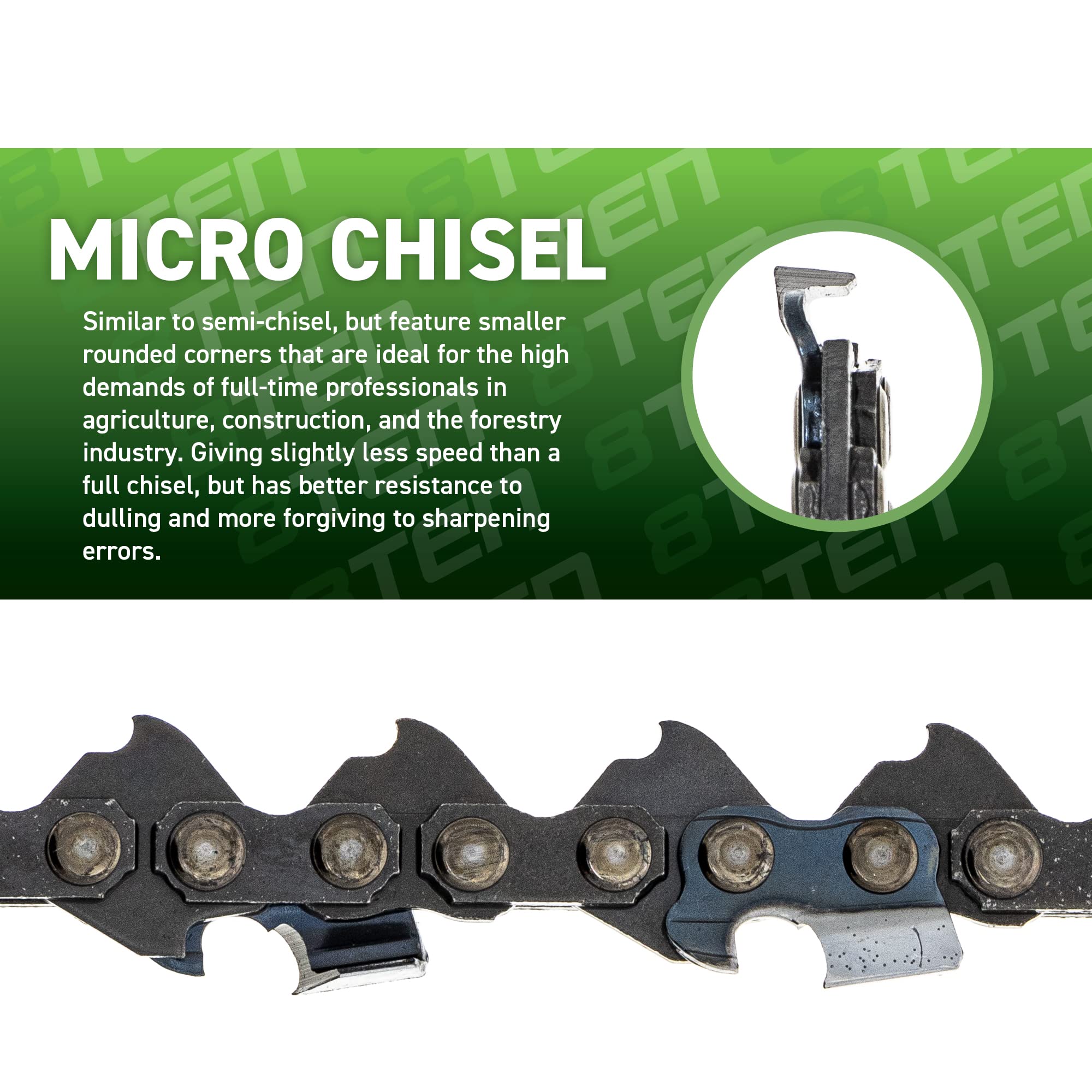 8TEN Micro Chisel Chainsaw Chain 16 Inch .050 Gauge .325 Pitch 66DL - Compatible with Husqvarna 435 440 445 450 Rancher & Echo Chainsaws (10 Pack) - Ideal for Tree Cutting, Firewood Processing, and Landscaping