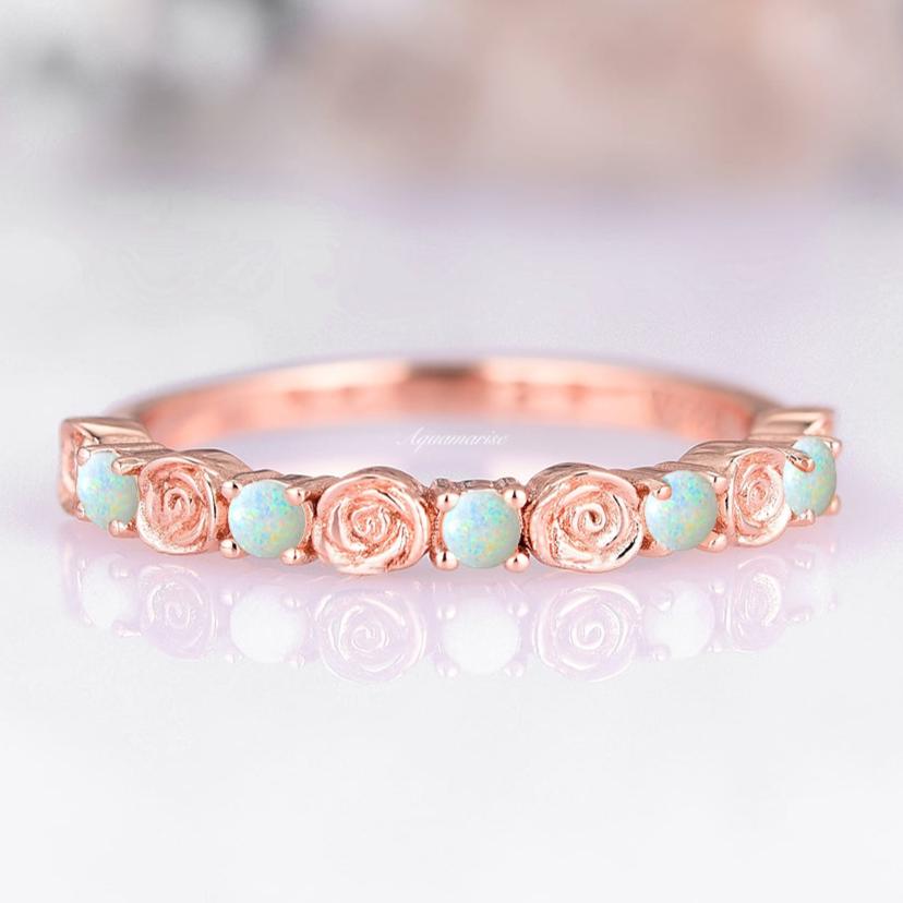 14K Rose Gold Vermeil Dainty Rose Australian Opal Wedding Band - Elegant Engagement Ring & Anniversary Gift for Her