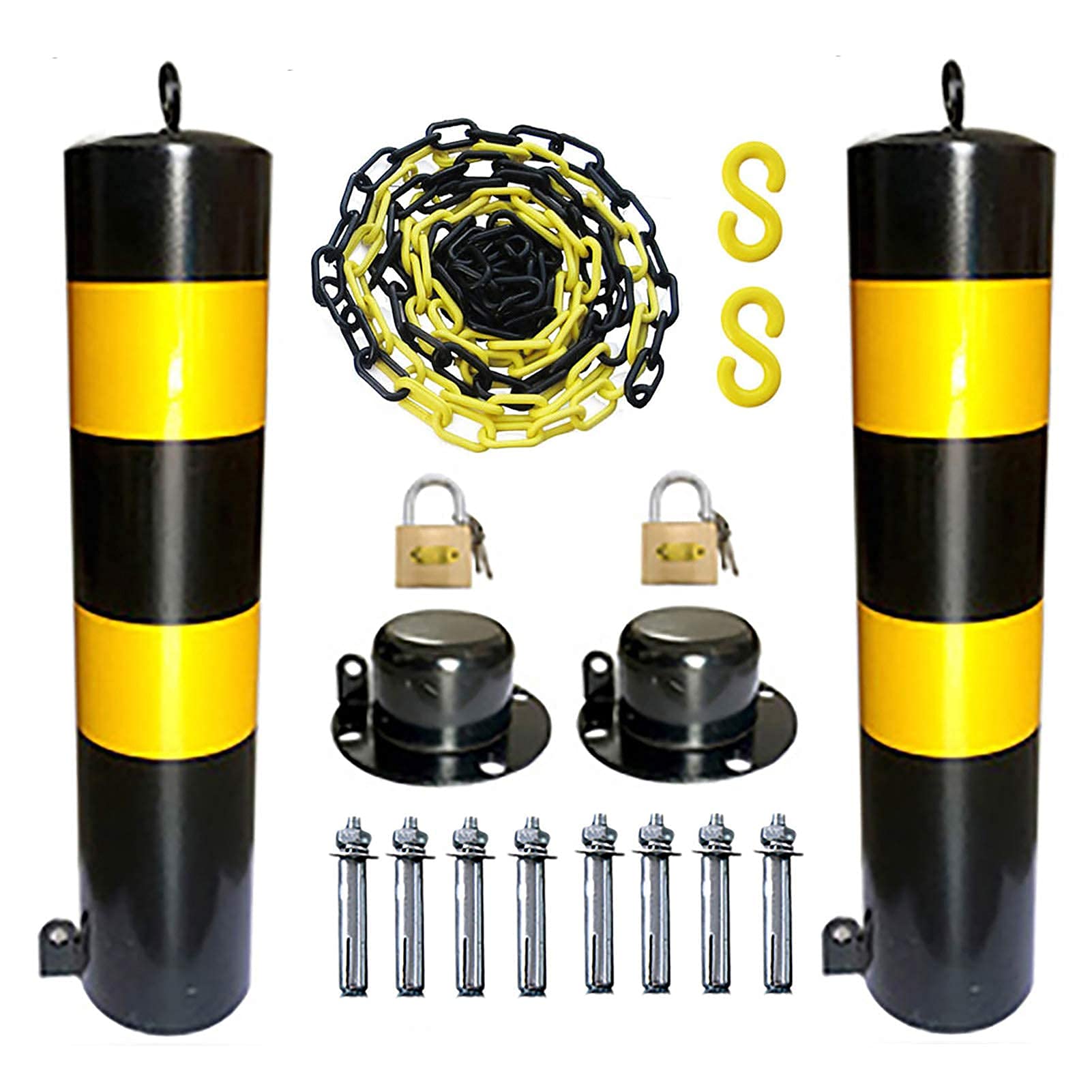 2-Pack Traffic Cones with 5m Plastic Chain Barrier - Reflective Parking Bollards with Hanging Rings & Movable Base for Driveway, Construction Sites & Event Safety