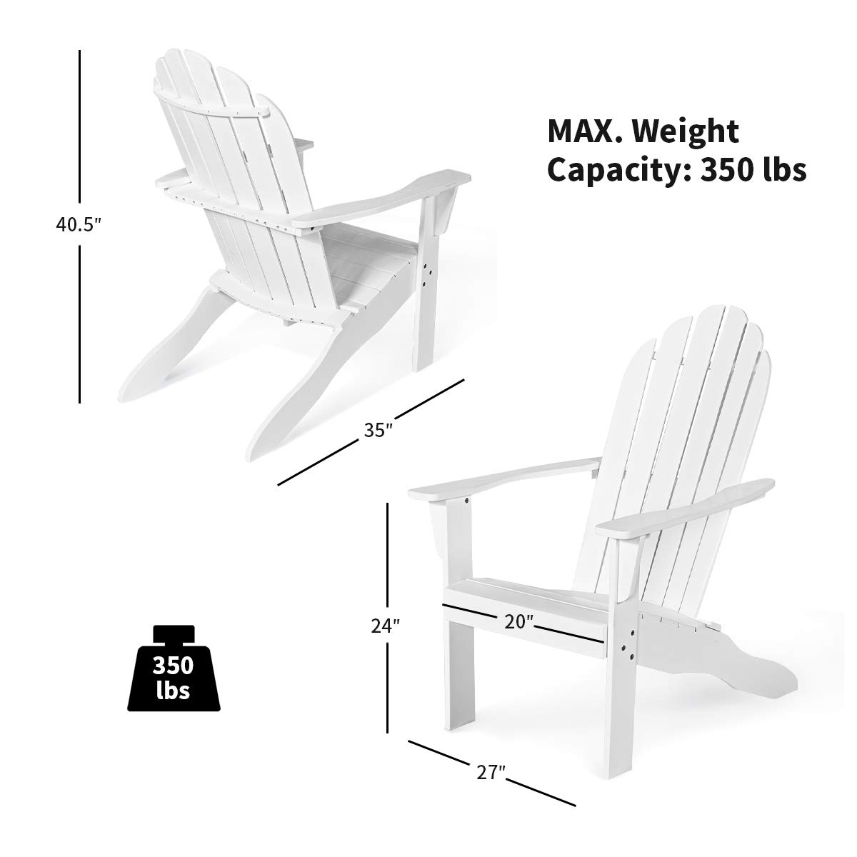 Premium Acacia Wood Adirondack Chair - 350 lbs Weight Capacity, Weather-Resistant Outdoor Lounge Chair for Yard, Patio, Garden, Poolside, Balcony & Deck - Perfect for Relaxing by the Fire Pit (White)