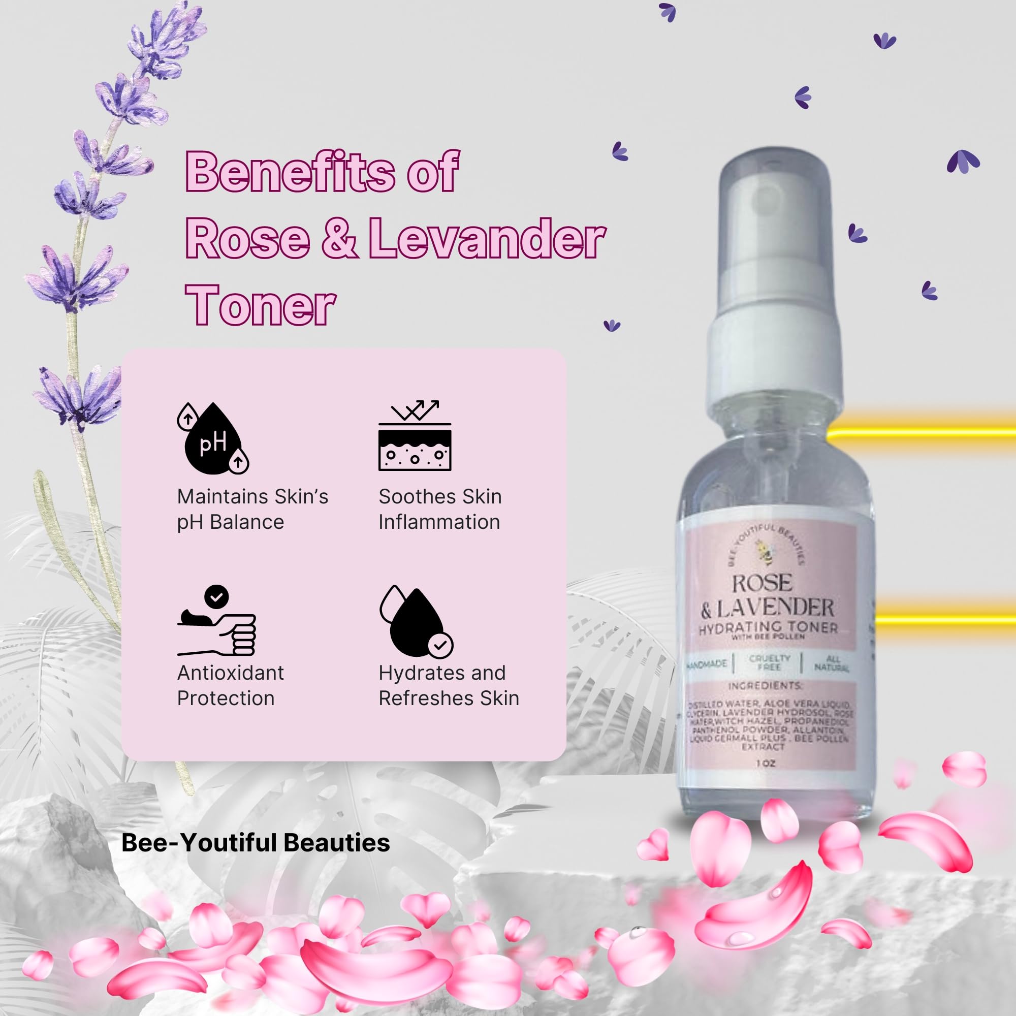 Rose & Lavender Facial Toner with Bee Pollen & Aloe Vera | 1 Oz Hydrating Mist for Glowing Skin | Soothing Toner for Dry & Sensitive Skin | Perfect for Daily Skincare Routine & Post-Workout Refresh