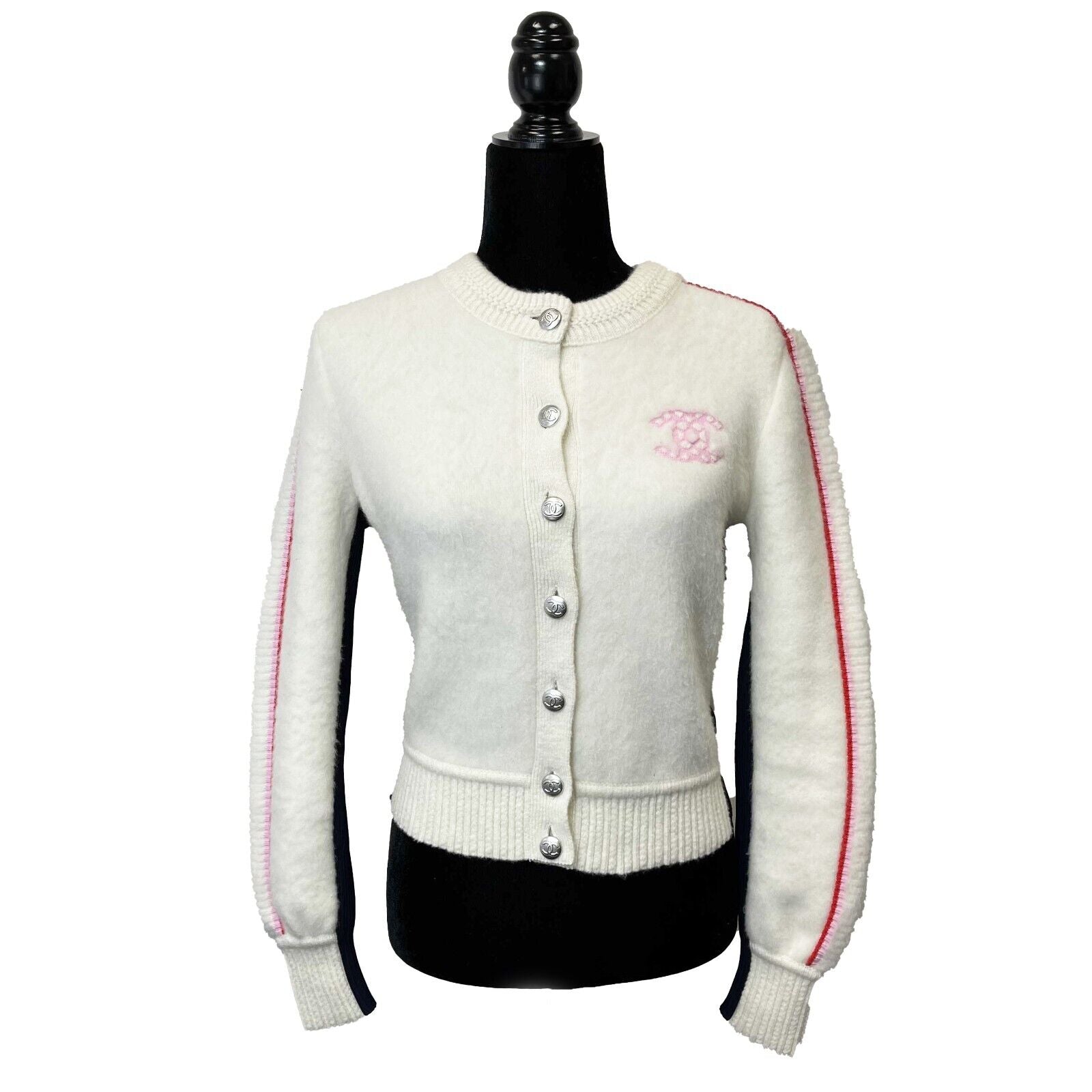 Chanel 21 22FW Varsity Sweater Jacket - Ivory Pink CC Logo with Racer Trim - Size 34 US 2 - Women's Luxury Knitwear for Fall Winter Fashion & Casual Outfits