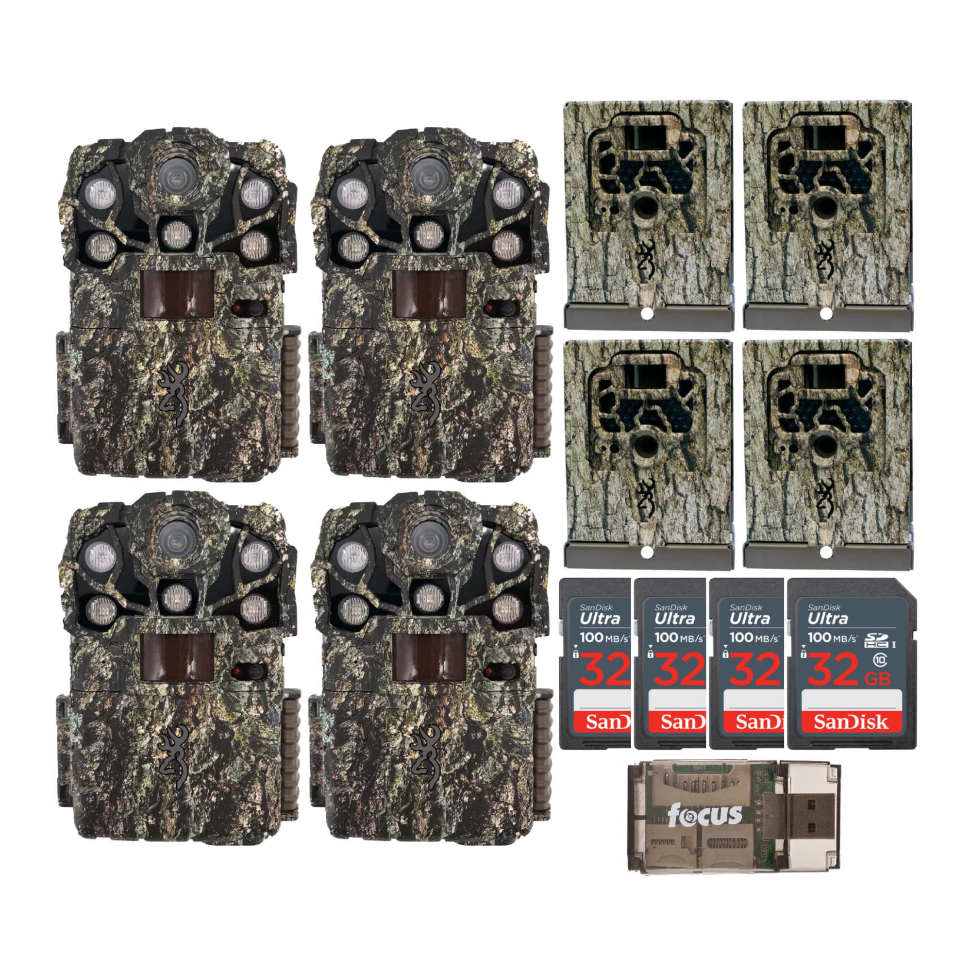 Browning Recon Force Elite HP5 Trail Camera 4-Pack with Security Boxes, 32GB SDHC Memory Cards & USB Card Reader Bundle - Ideal for Wildlife Monitoring, Hunting, and Outdoor Security Surveillance