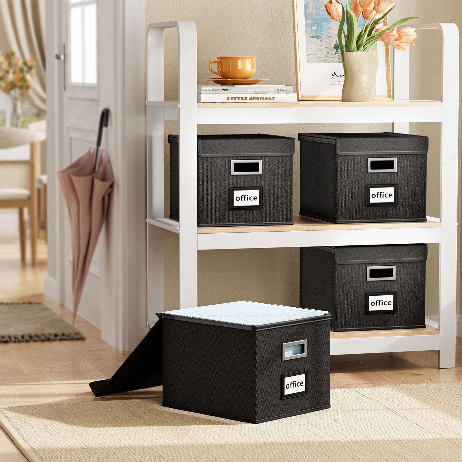 Huolewa Upgraded Portable File Organizer Box - Large Collapsible Linen Hanging Office Document Storage Box with Lid (Black, 14.9 x 12.59 x 10.8 inch) | Perfect for Home Office Organization, File Storage & Decorative Home Storage Solutions