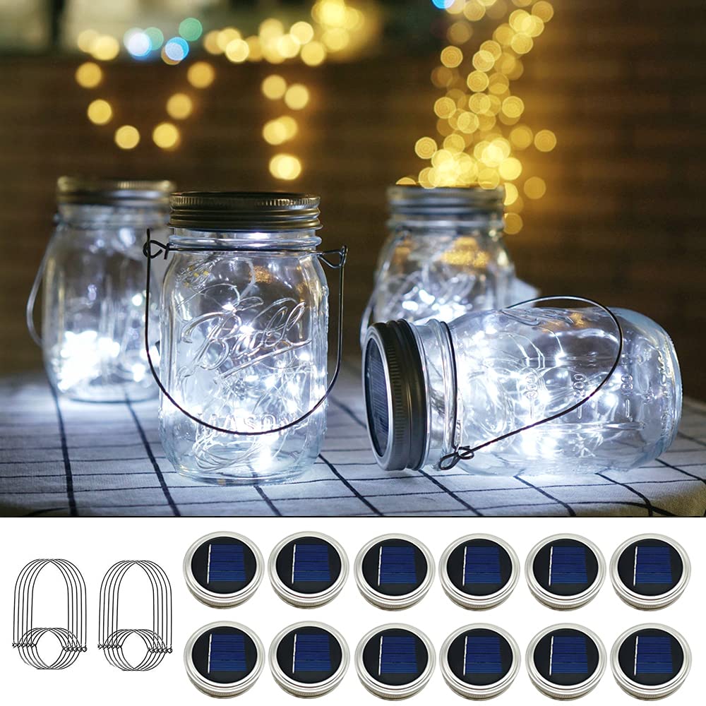 12 Pack Solar Mason Jar Lights - 30 LED Waterproof Lid Lights with Hangers (Jars Not Included) | Fairy Firefly Outdoor String Lights for Regular Mason Jars | Perfect for Patio, Yard, Garden Decor & Wedding Decoration (Cold White) | Create Magical Ambiance for Evenings & Special Events