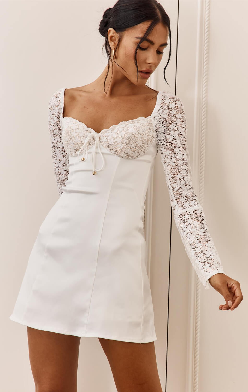Carrie Mini Dress - White Lace Sleeve Party Dress for Women | Summer Cocktail, Wedding Guest & Date Night Outfits