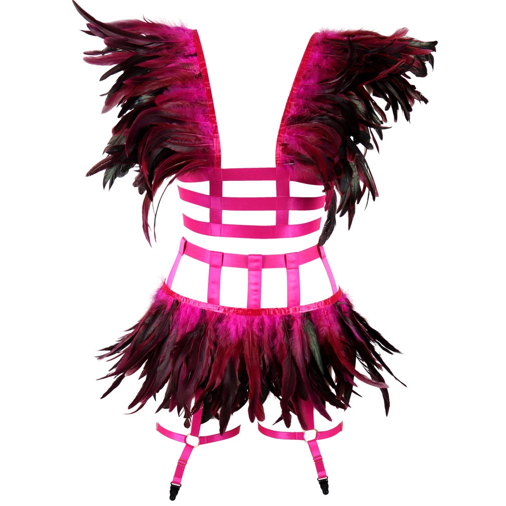 Women's Feathers Body Harness Bra Set Gothic Garter Belt Elastic Punk Carnival Dancewear - Perfect for Halloween Costume, Burlesque Show, BDSM Party & Festival Accessories