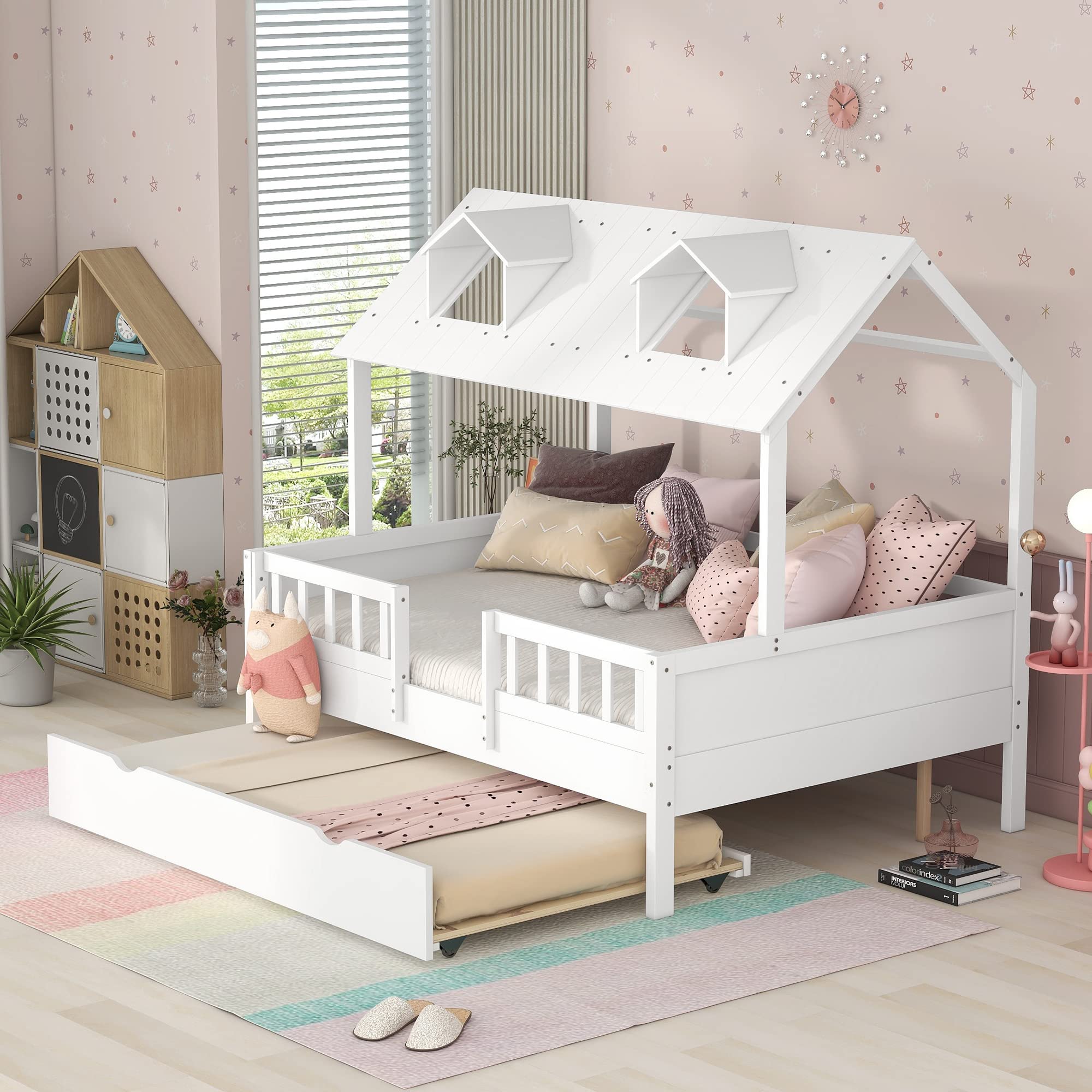 MERITLINE Full House Bed with Trundle - White Wooden Platform Bed Frame with Roof for Kids, Teens, Boys & Girls - Perfect for Small Bedrooms, Playrooms & Sleepovers