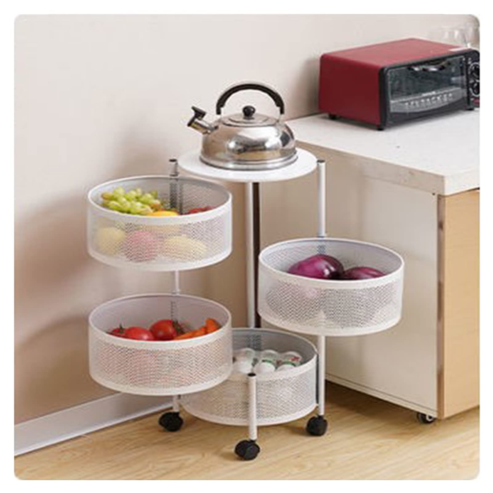 Rotating Storage Shelves - 4-Tier Round Kitchen Organizer Rack, Carbon Steel Floor Standing Shelf for Spices, Canned Food & Pantry Storage - White (Ideal for Small Kitchens, Pantries & Closet Organization)