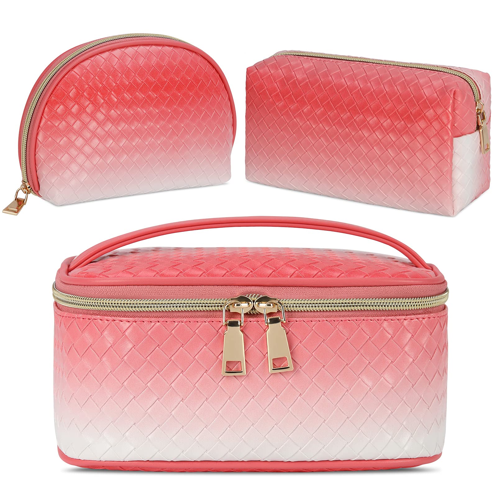 3-Piece Waterproof Makeup Bag Set - Portable Travel Cosmetic Organizer with Multifunctional Storage - Gradient Pink & White Weave Toiletry Bags for Women & Girls - Perfect for Travel, Gym, and Daily Cosmetics Organization