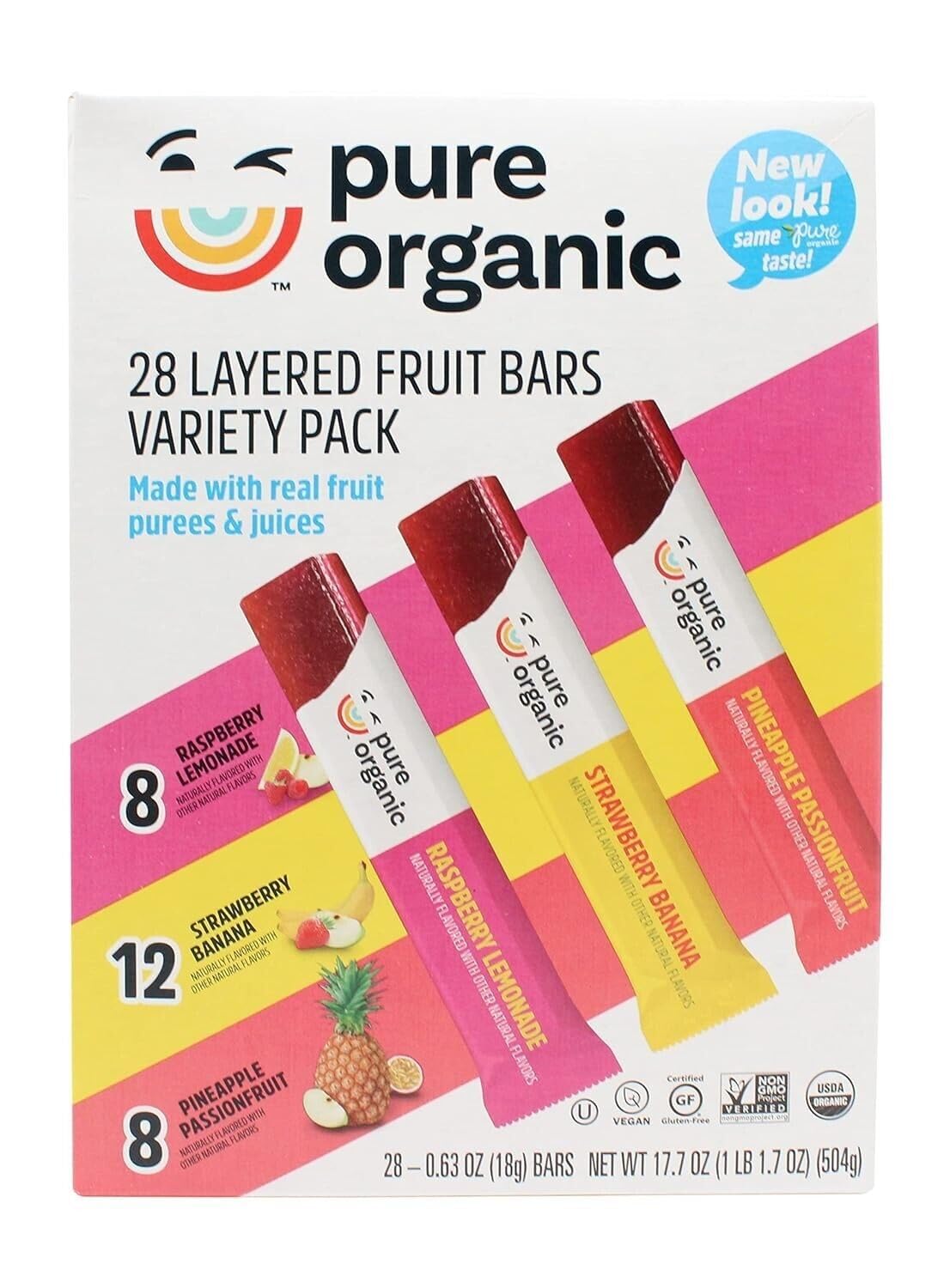 Organic Layered Fruit Bars Variety Pack - Raspberry Lemonade, Strawberry Banana, Pineapple Passionfruit - Healthy Snacks for Kids, Lunch Box, Office & On-the-Go (Pack of 1)