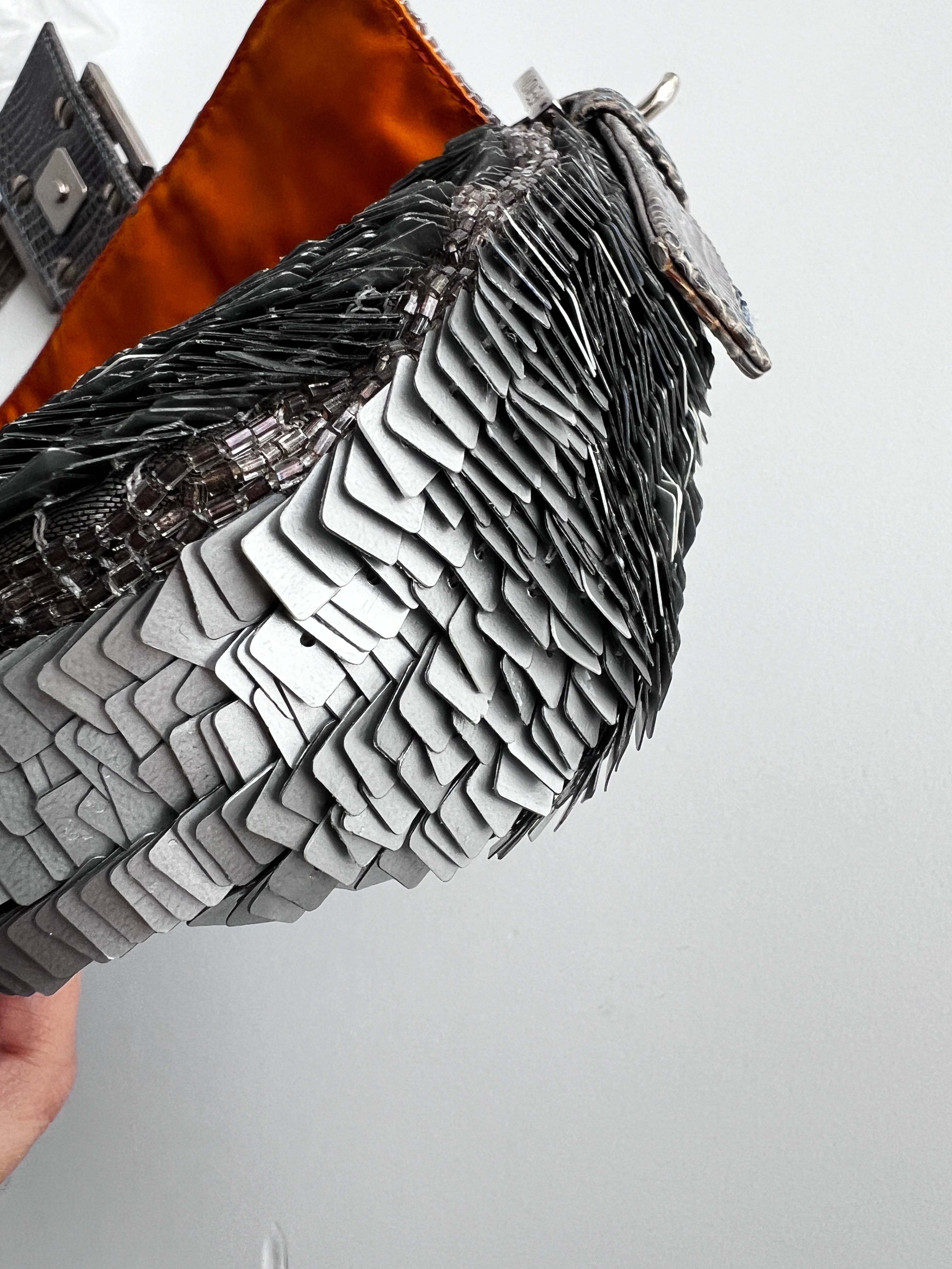 Fendi Silver Sequin with Orange Beaded Strip Baguette Bag - Elegant Evening Clutch for Parties, Weddings & Special Occasions