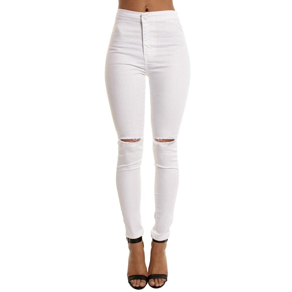 Women's High Waist Stretch Jeans Leggings - Skinny Fit Elastic Denim Pants with Zipper Details & Distressed Holes - Casual Slim Solid White Trousers for Daily Wear | Perfect for Work, Date Night & Weekend Outfits