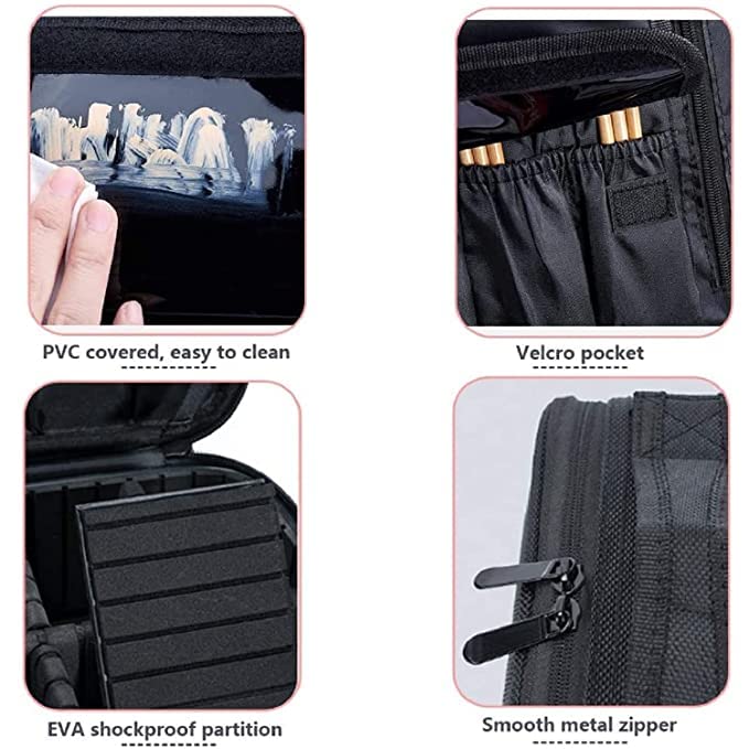 Professional Makeup Train Case - Waterproof Cosmetic & Toiletry Travel Organizer Bag with Adjustable Dividers for Makeup Brushes, Accessories & Tools | Perfect for Makeup Artists, Travel & Salon Storage (Black)