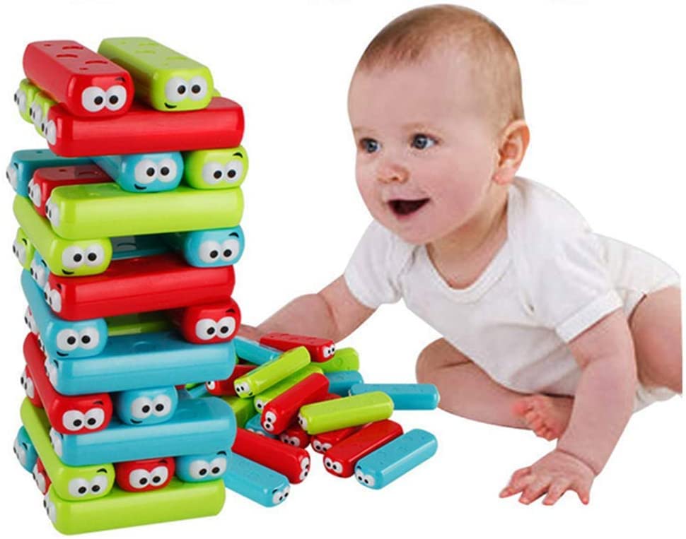 Wonuu Timber Tower Block Stacking Game - Colorful Cartoon Plastic Building Blocks for Kids, Educational Board Toy for Family Fun and Classroom Learning