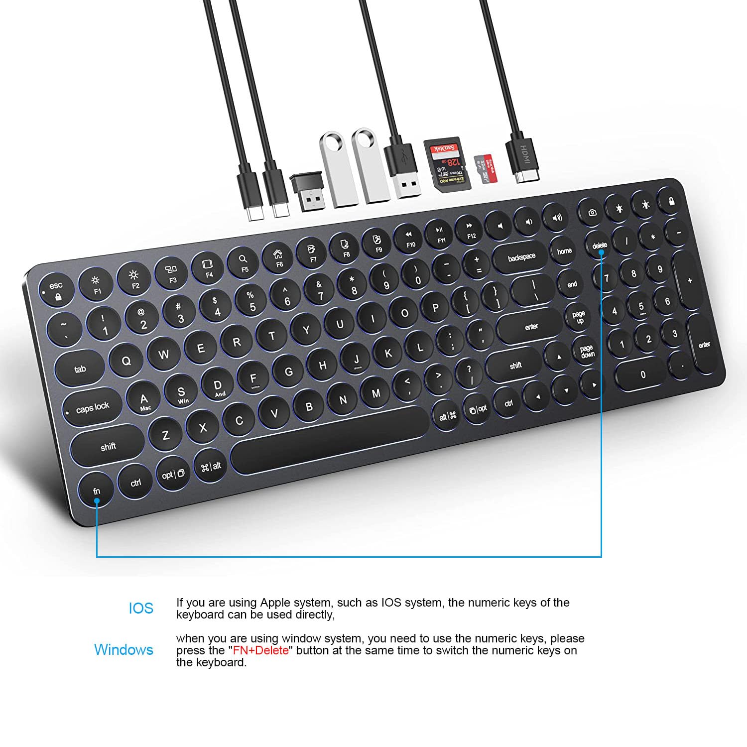 9-in-1 USB C Hub with 4K HDMI, 4 USB Ports, 100W PD, SD/TF Card Reader - Wired Full Size Keyboard with Number Pad - Compatible with MacBook, Windows & Android (Black) - Perfect for Home Office, Gaming & Multi-Device Connectivity