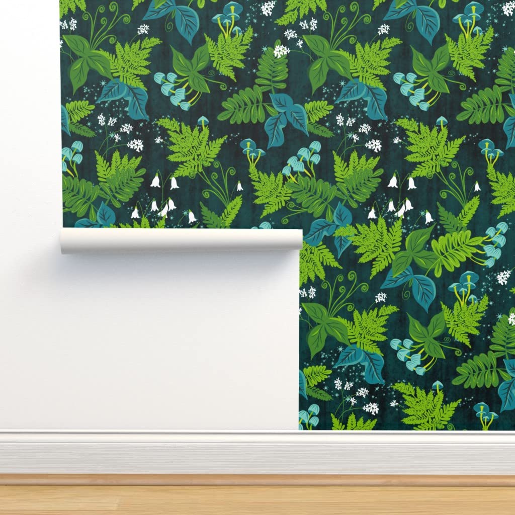 Peel & Stick Wallpaper 12ft x 2ft - Magic Forest Nature Design with Green Leaves, Aqua Ferns, Mushrooms & Woodland Plants | Removable Custom Wallpaper by Spoonflower | Perfect for Nursery, Bedroom, Living Room & Office Decor