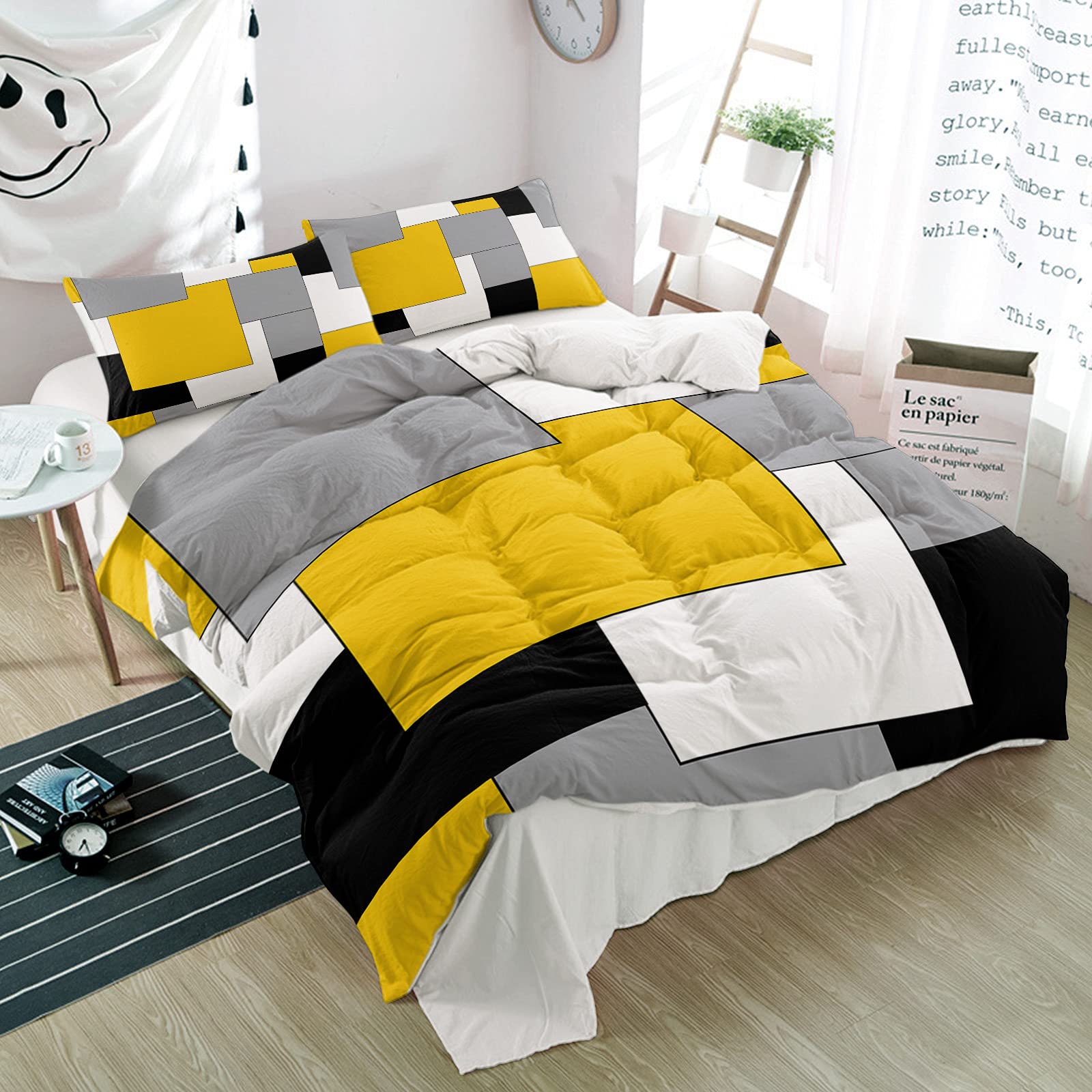 3-Piece Yellow Color Block Grey Abstract Geometric Duvet Cover Set - Ultra Soft Microfiber Quilt Cover & Pillowcases for Queen Bed - All Season Bedding Set for Modern Bedroom Decor | Black Plaid Collage Art Design | Perfect for Guest Rooms, Master Bedrooms & Dorm Essentials