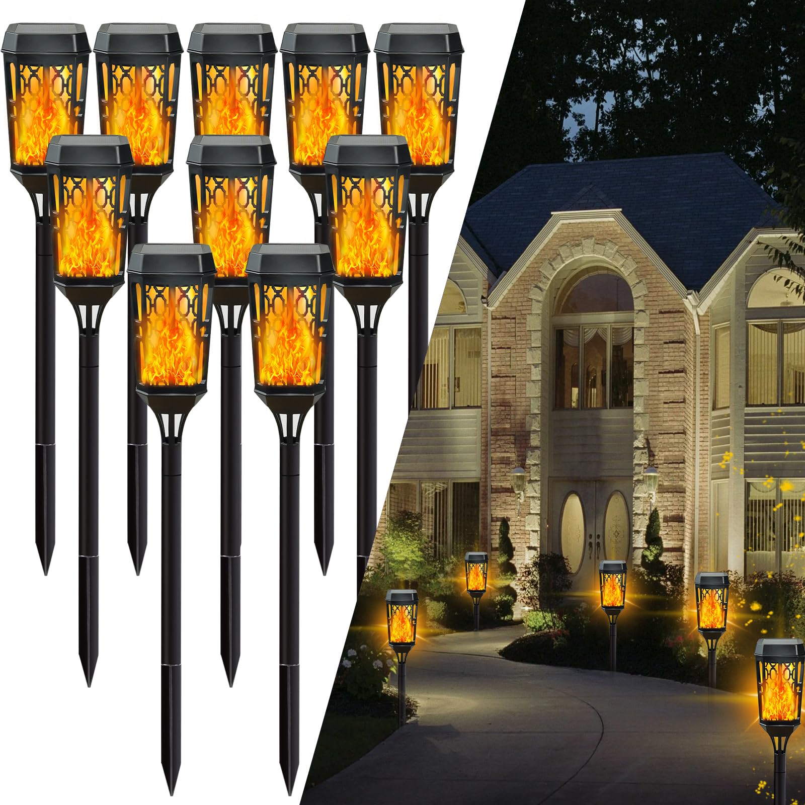 10-Pack Upgraded Solar Halloween Lights - Outdoor Solar Torch with Flickering Flame for Garden, Yard & Party Decorations | Waterproof & Weatherproof | Perfect for Halloween, Christmas, Patio, Pathway & Backyard Lighting