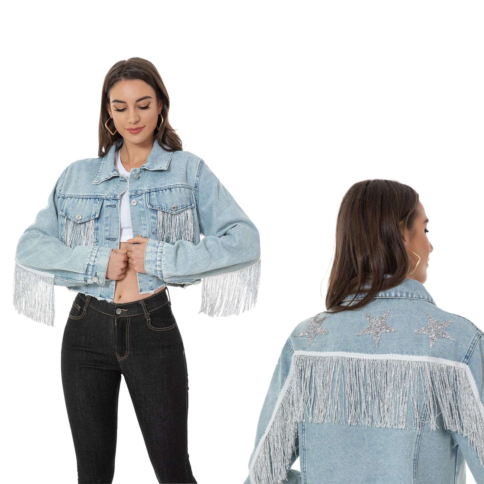 Distressed Cropped Denim Jacket for Women - Rhinestone & Fringe Embellished Long Sleeve Jean Coat | Perfect for Casual Outfits, Music Festivals & Boho Style