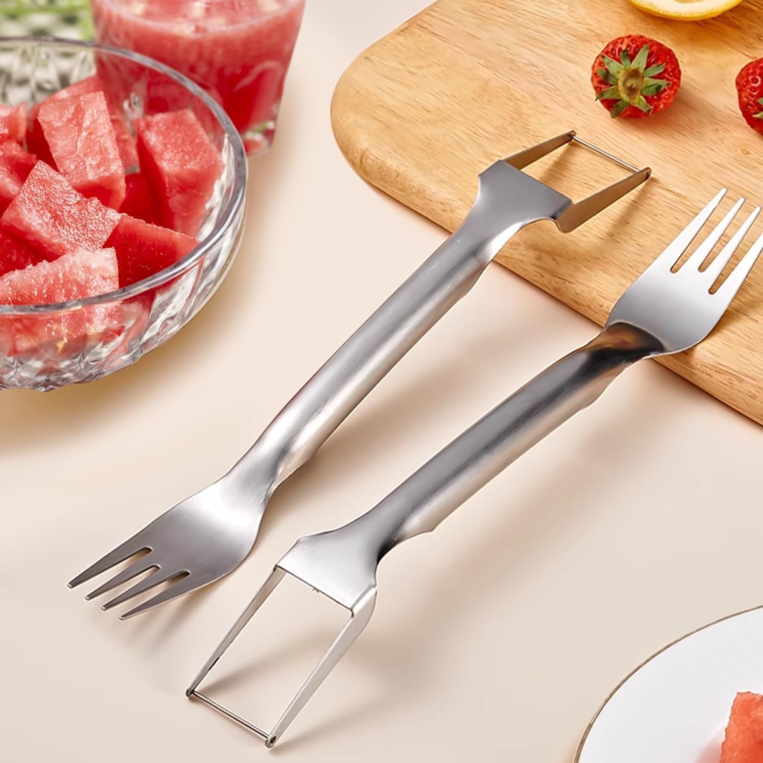 Stainless Steel 2-in-1 Watermelon Slicer and Fork - Portable Fruit Cutting Tool for Home, Parties, Camping & Kitchen - Easy Watermelon Wedge Cutter (1 Pack) | Perfect for BBQs, Picnics, Summer Gatherings & Outdoor Adventures