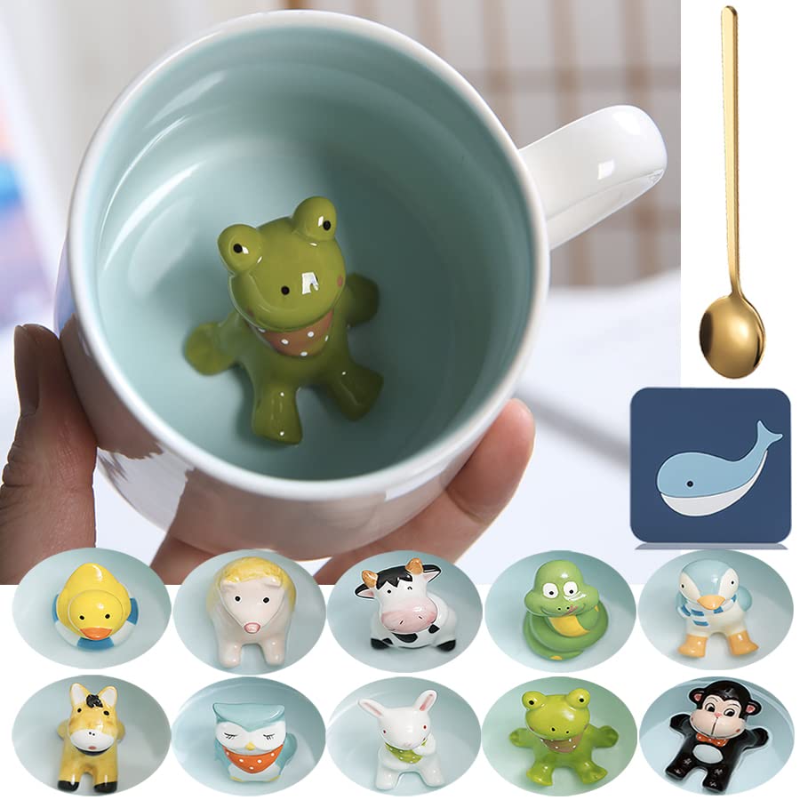 Funny Frog Coffee Mug with Animal Inside - 12 Oz Ceramic Novelty Cup with Handle & Spoon - Cute Tea Cup for Kids, Unique Birthday Gift for Women & Friends - Perfect for Home, Office & Coffee Lovers