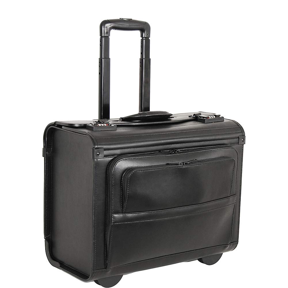 Premium Black Leather Rolling Computer & Catalog Case - Durable Laptop Briefcase with Wheels for Business Travel, Office & Commuting