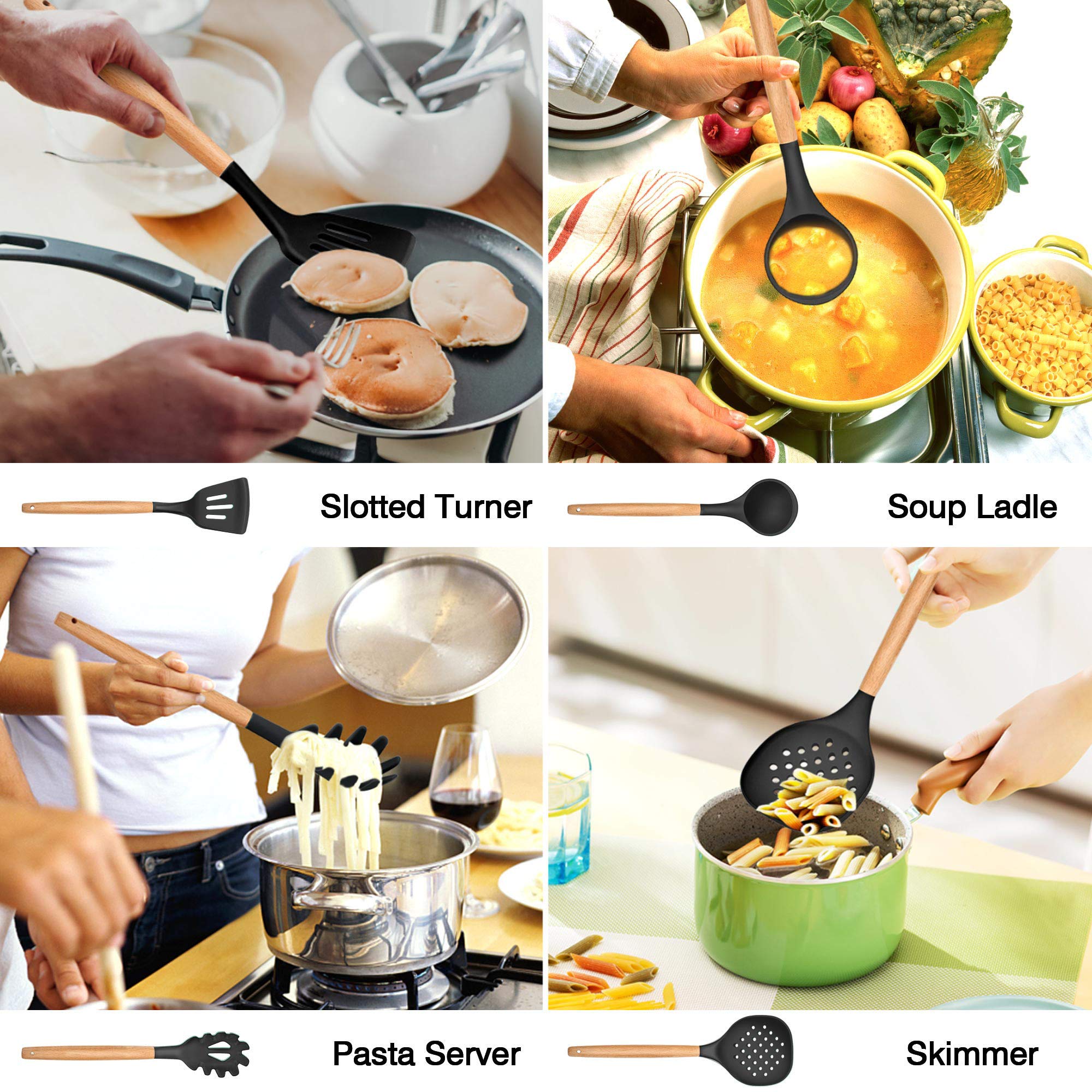 LIANYU 38-Piece Premium Kitchen Utensil Set with Holder - Heat Resistant Silicone Spatulas, Wooden Handle Cooking Tools for Nonstick Cookware - Perfect for Baking, Frying & Everyday Cooking (Black)