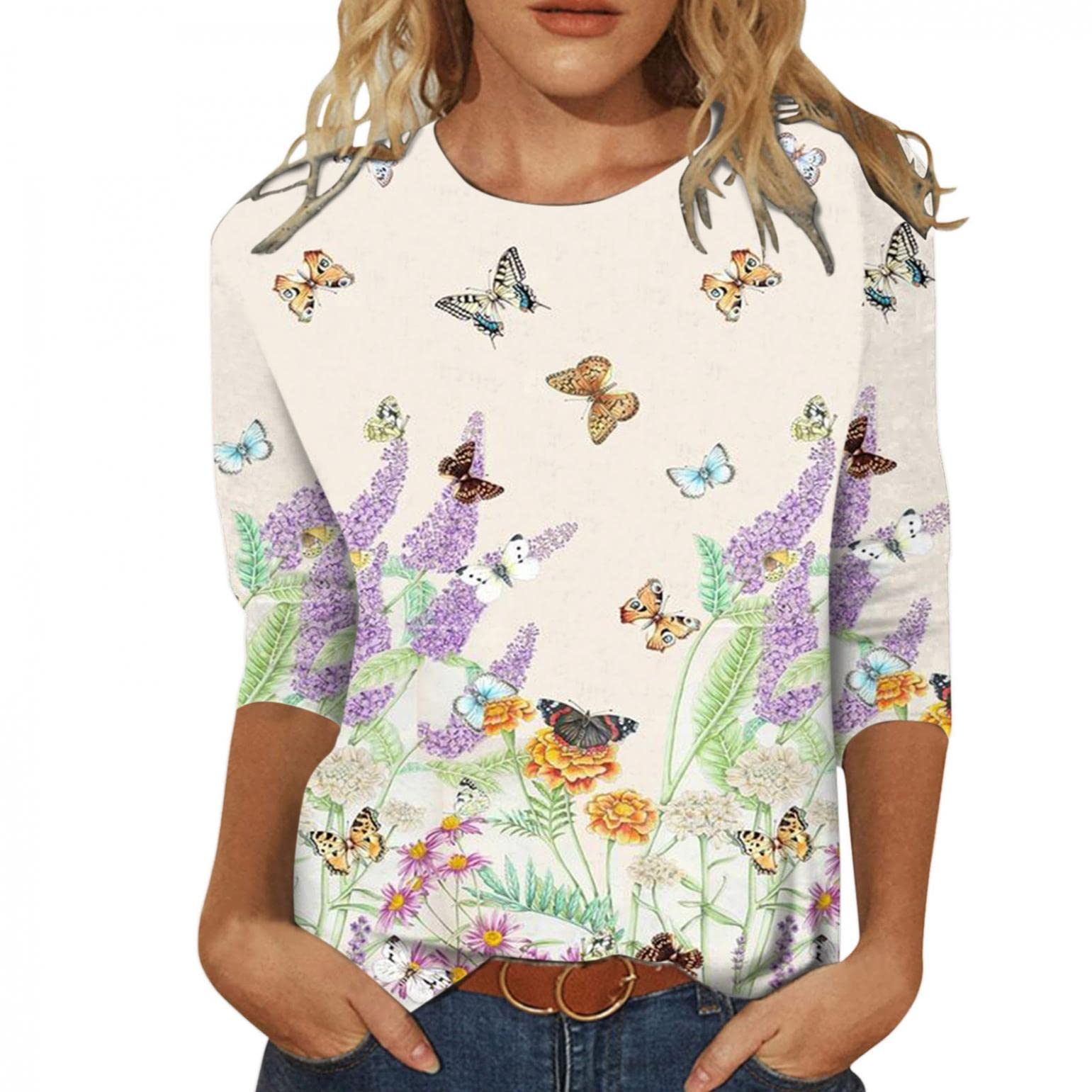 Masbird Women's 3/4 Sleeve Gradient O-Neck Blouse - Casual Loose T-Shirt for Summer | Dressy Casual Tops for Women | Perfect for Office, Date Night & Weekend Outings