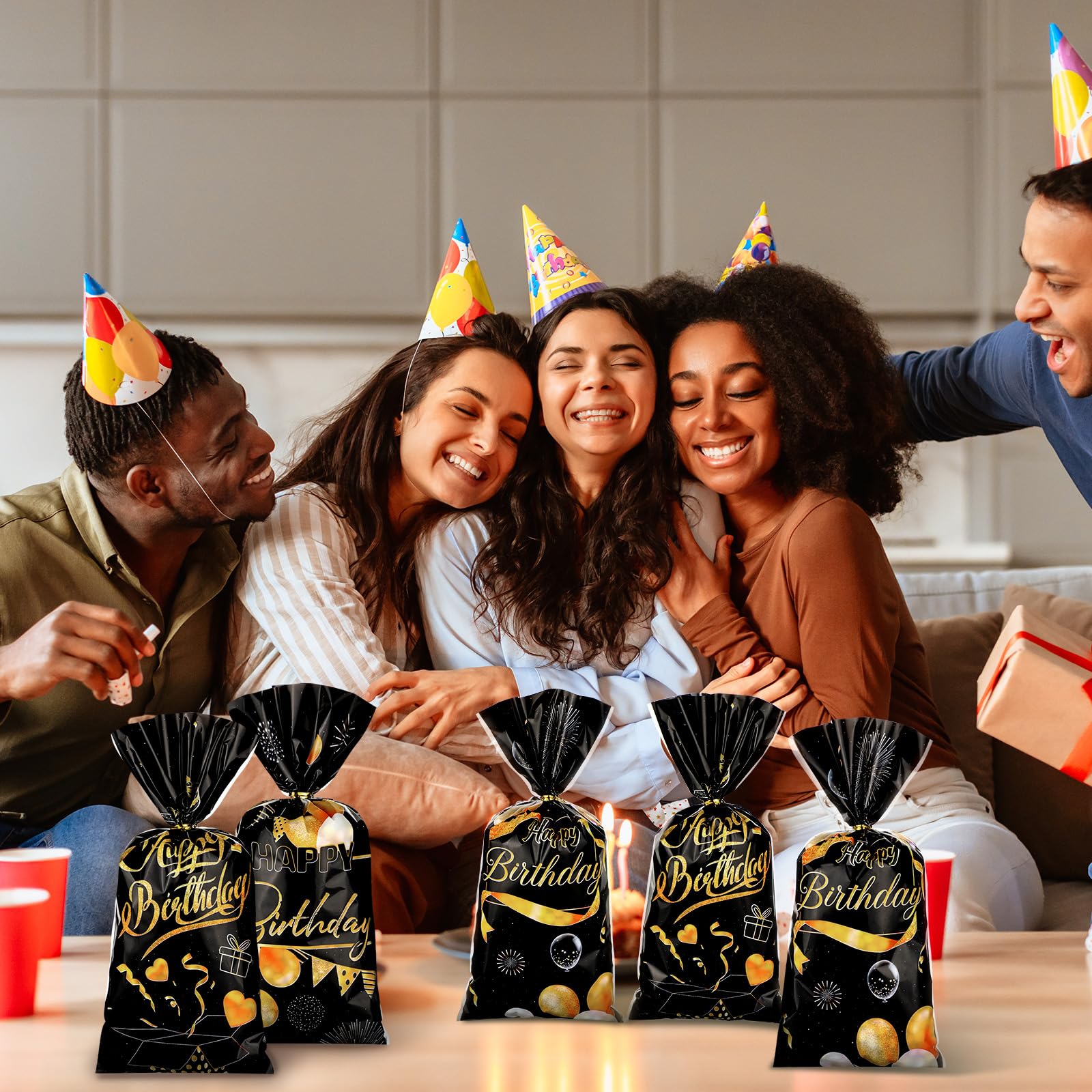 150 Pcs Black and Gold Candy Bags with Ties - Birthday Party Favor Bags, Cellophane Treat Bags for Goodie Gifts, Party Decorations - Perfect for Birthday Celebrations, Baby Showers & Wedding Favors