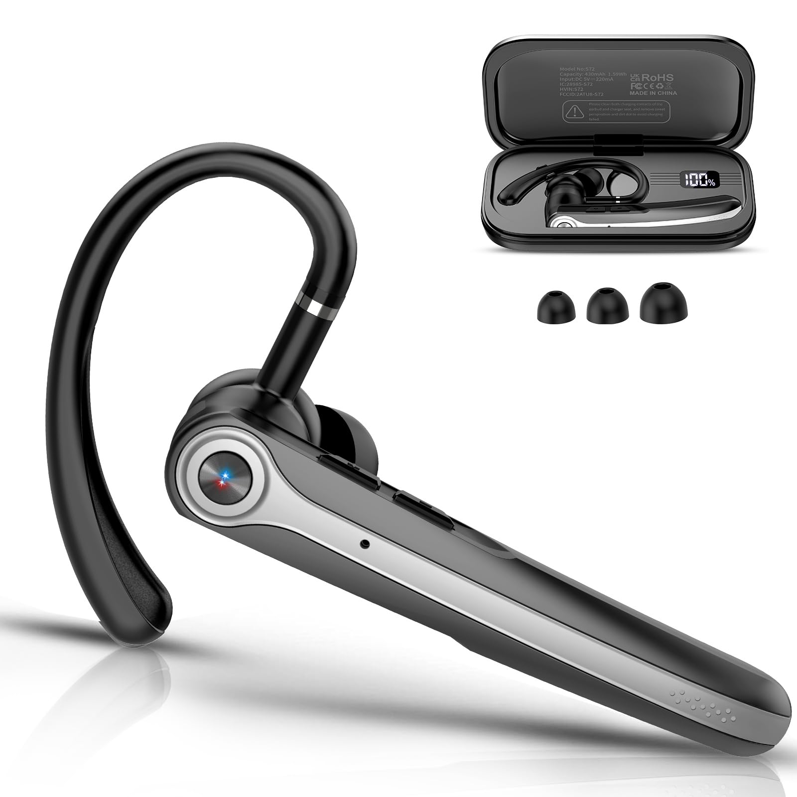Wireless Bluetooth Headset with ENC Noise Canceling Mic - 120Hrs Talk Time, LED Display, IP7 Waterproof Single-Ear Headphones for Business/Trucker/Driver - Hands-Free Earphone for Calls & Driving (Black)