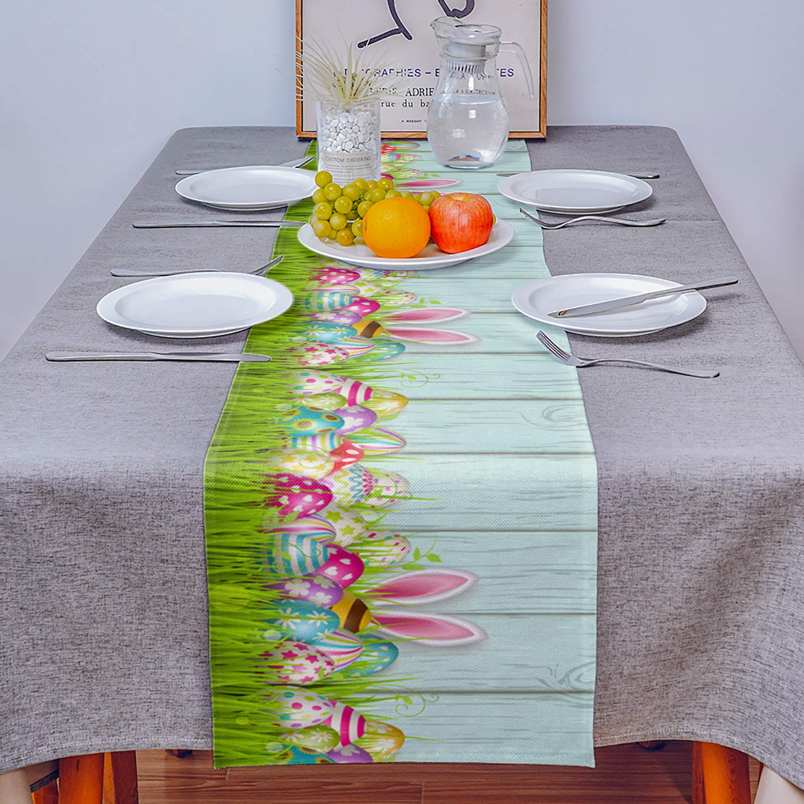 Easter Table Runner 36 Inches - Cotton Linen Decorative Tablecloth with Easter Eggs & Bunny Design for Spring Kitchen, Dining, Party, Wedding - Perfect for Holiday Decorations & Home Decor