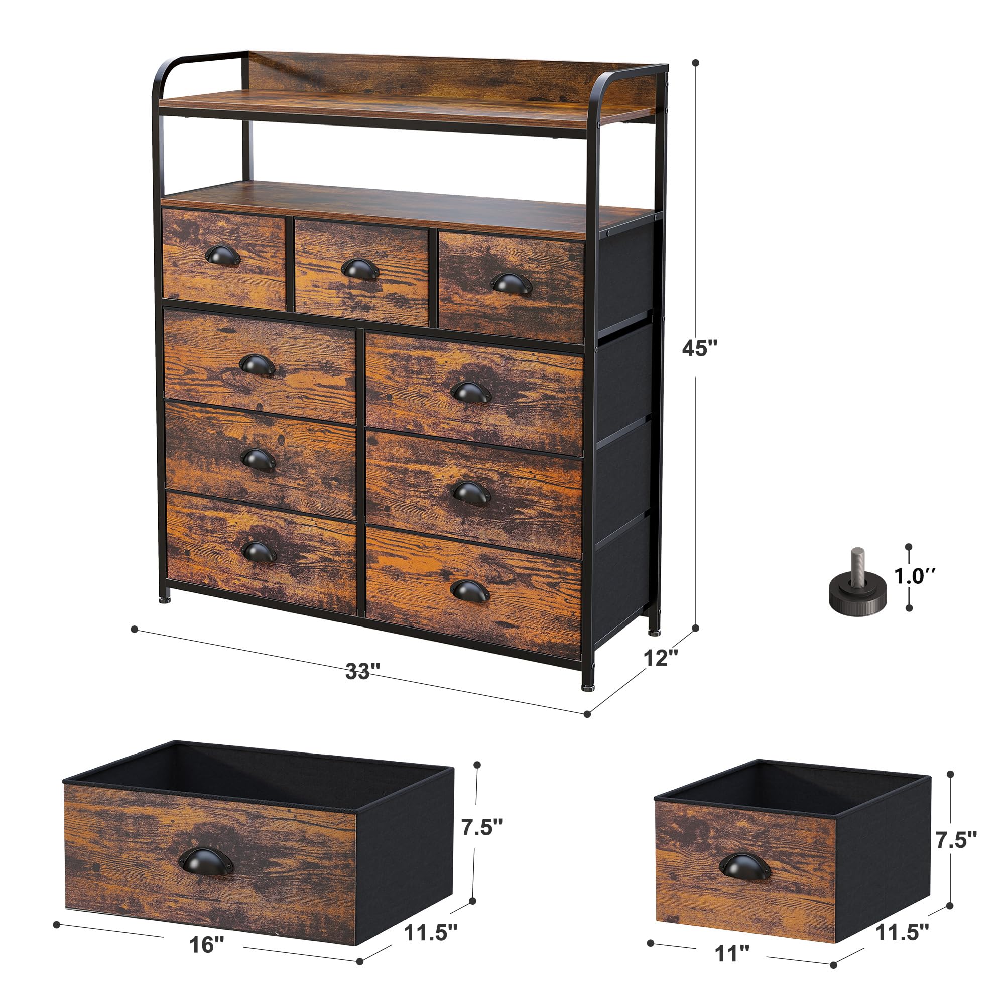 EnHomee 9-Drawer Tall Dresser for Bedroom - Rustic Brown Wooden Chest with 2 Open Shelves & Sturdy Metal Frame - Spacious Storage Solution for Clothes, Linens & Bedroom Organization - Perfect for Master Bedroom, Guest Room & Dorm Decor