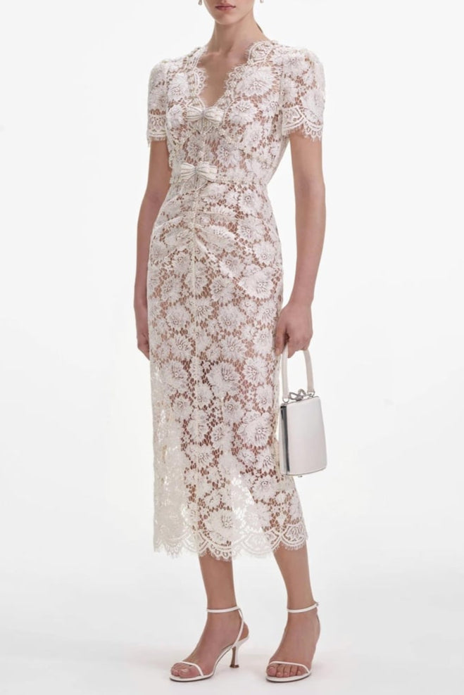 Elegant Crystal Bow Detailed V-Neck Lace Midi Dress for Women | Formal Occasions, Weddings & Evening Parties