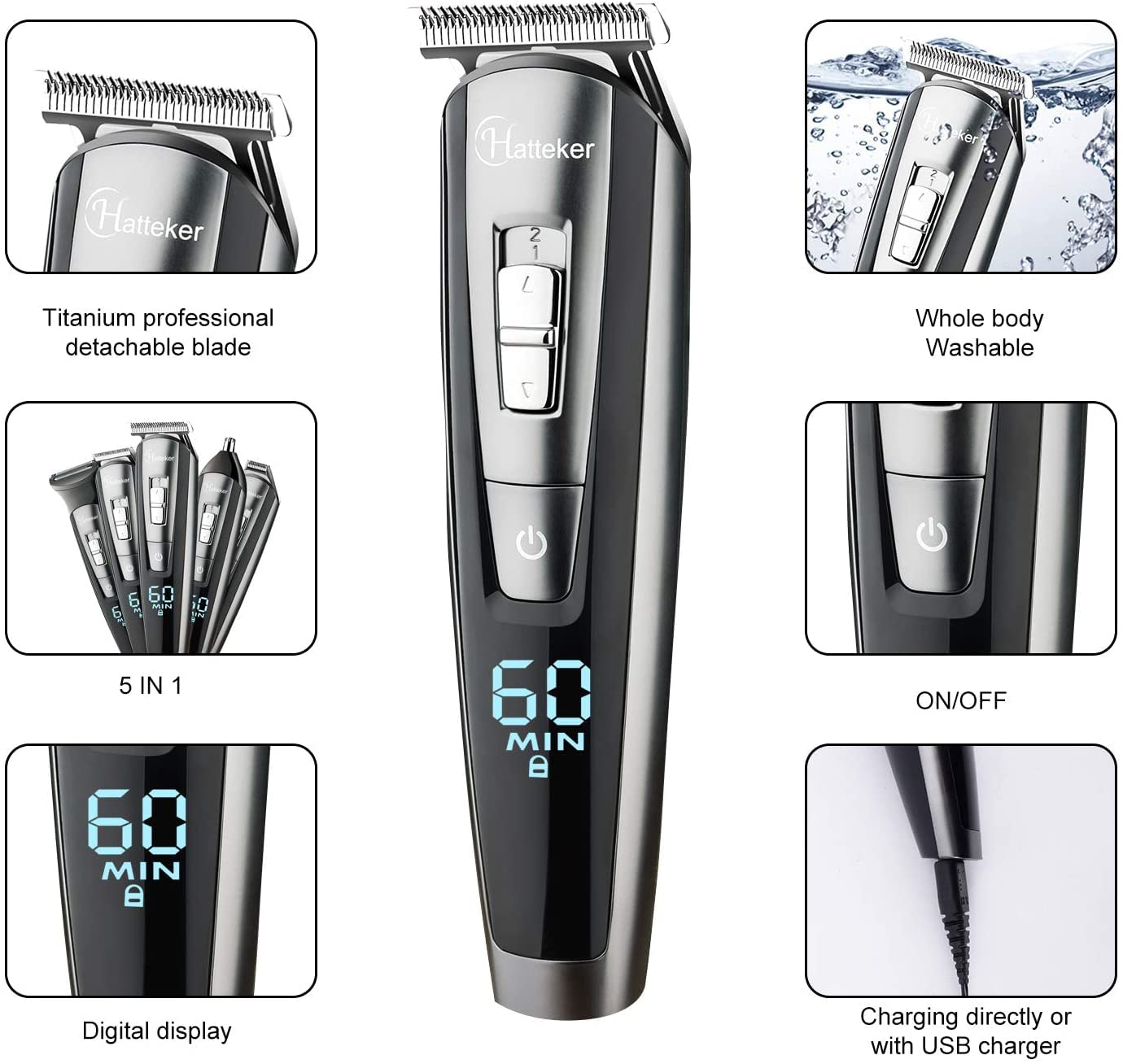 Hatteker Cordless Beard & Hair Trimmer for Men - Rechargeable USB Wet/Dry Clipper Kit with LED Display - Battery Powered Grooming Tool for Men, Women & Kids - Perfect for Home, Travel & Professional Use