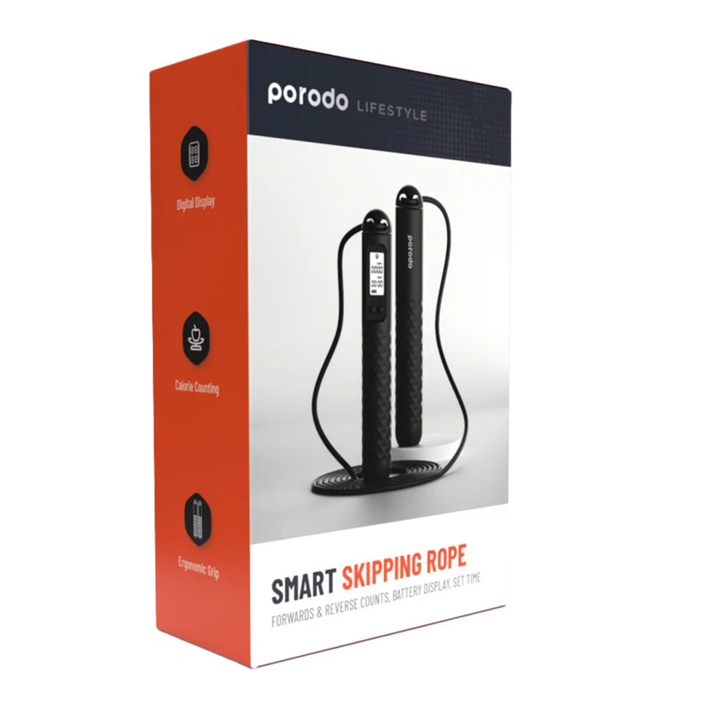 Porodo Smart Jump Rope with LCD Display - Adjustable Length Digital Skipping Rope for Fitness, Weight Loss & Cardio Workouts - Perfect for Home Gym, Outdoor Exercise & Boxing Training (Black)