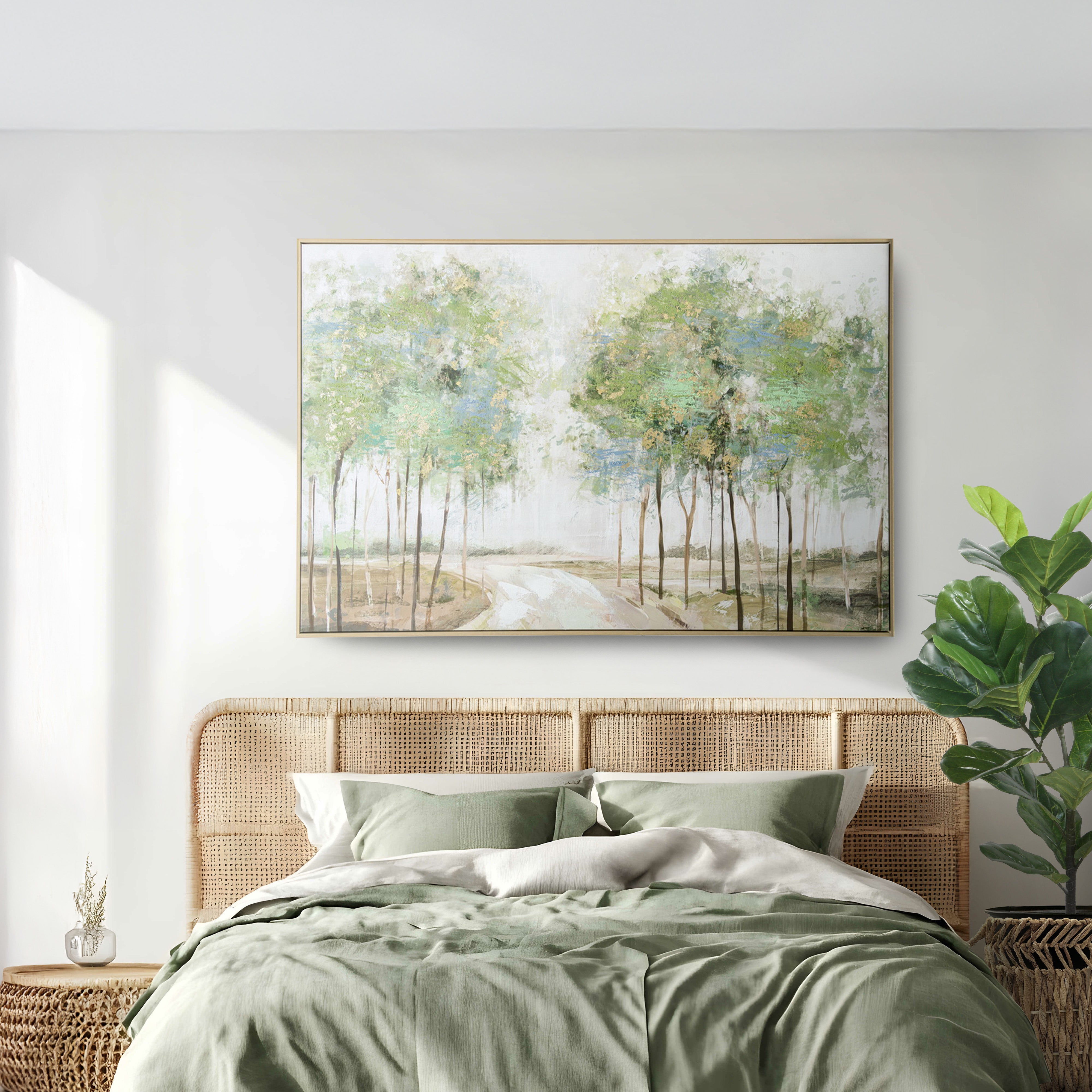 Urban Style Brushmarks Embellished Canvas Forrest Path Wall Art - Hand Painted Landscape Painting for Living Room, Bedroom & Office Decor