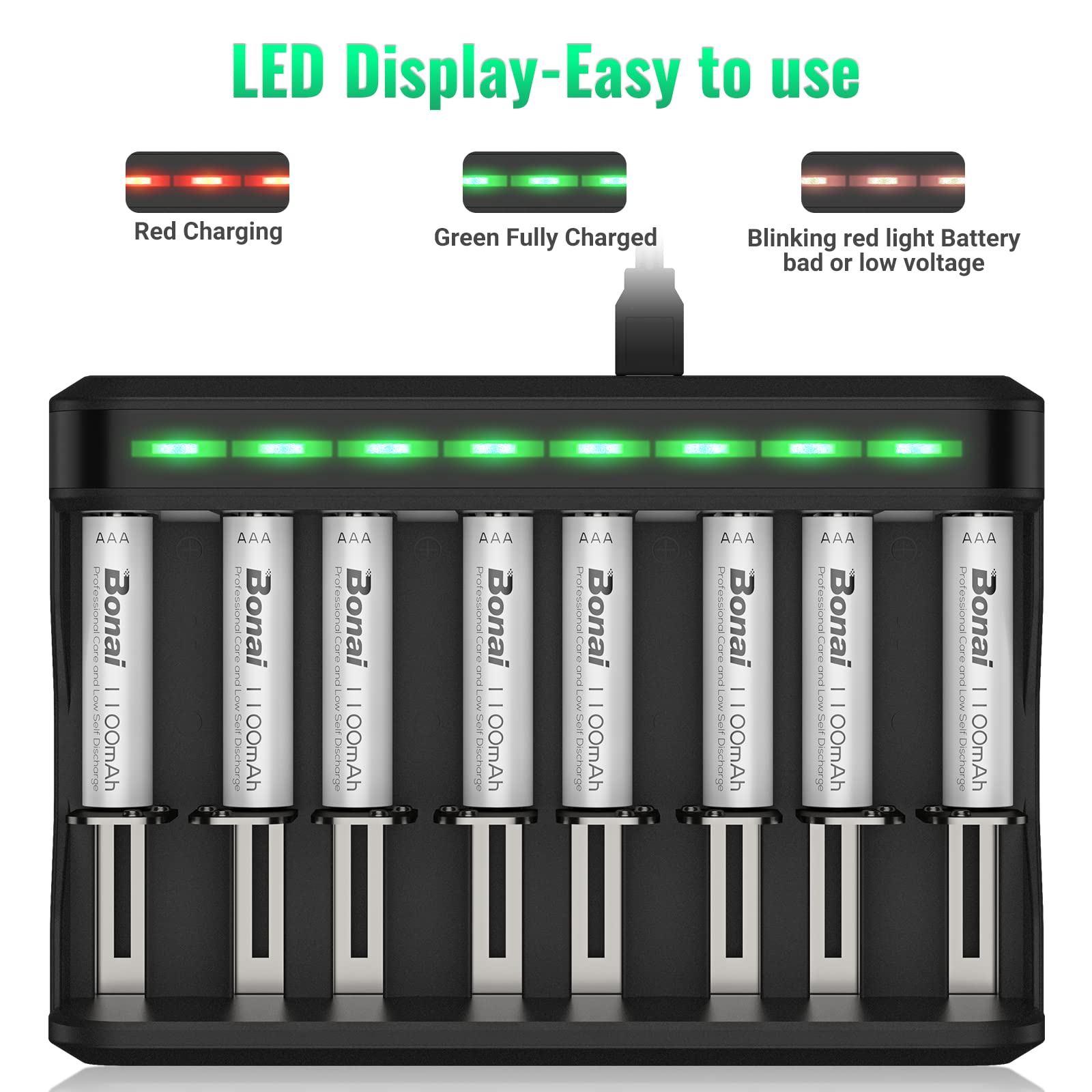 BONAI Rechargeable AAA Batteries 8-Pack 1100mAh with 8 Bay Fast Charger - NiMH/NiCD Battery Charger for AA AAA C D Batteries - Perfect for Cameras, Toys, Flashlights & Electronic Devices