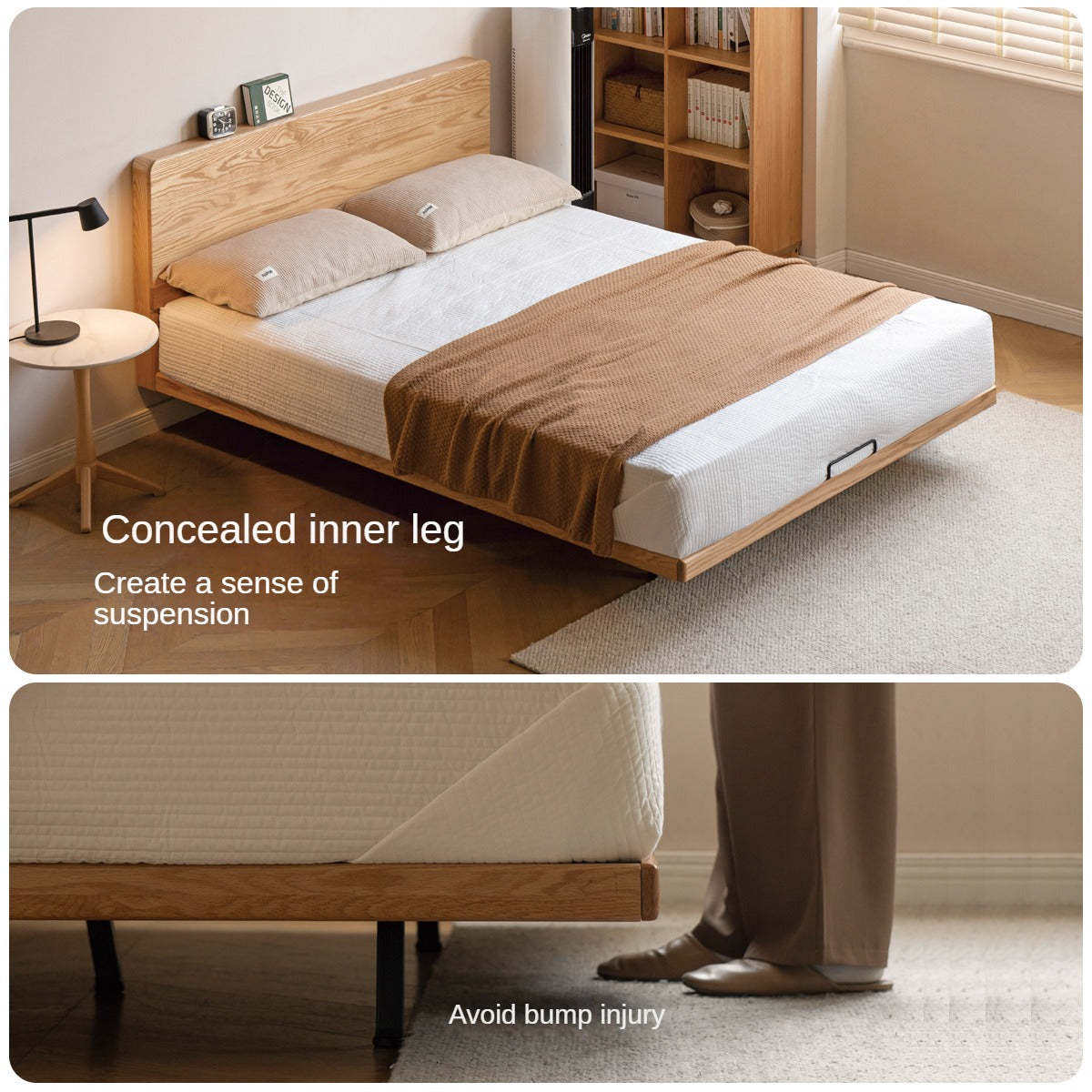 Oak Solid Wood Suspended Bed Frame - Queen Size Floating Platform Bed with Headboard - Modern Minimalist Bedroom Furniture for Loft, Apartment & Small Spaces