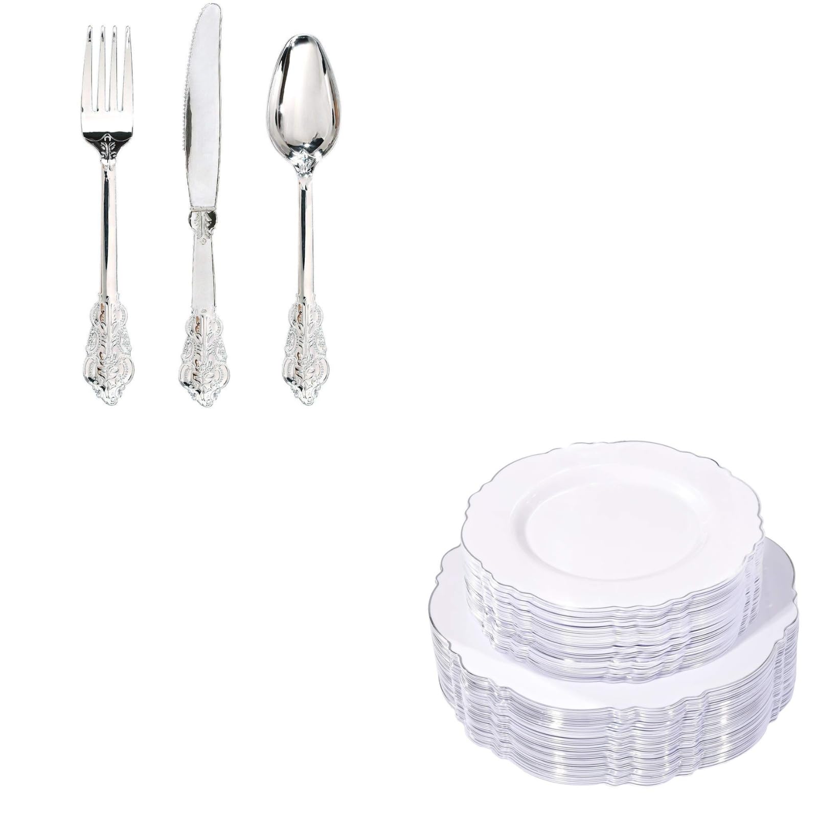 360-Piece Silver Plastic Cutlery Set - Disposable Silverware Kit with 100 Silver Plastic Plates - Perfect for Parties, Picnics, and Catering Events