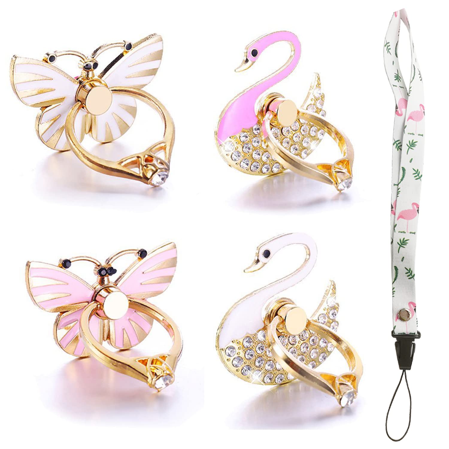 4 Pack Phone Ring Stand Holder - Diamond Bling Butterfly & Swan Kickstand Grip for iPhone Samsung, 360° Rotating Multi-Angle Metal Phone Ring (2 Butterfly 2 Swan 1 Strip) - Perfect for Watching Videos, Taking Selfies & Hands-Free Calling