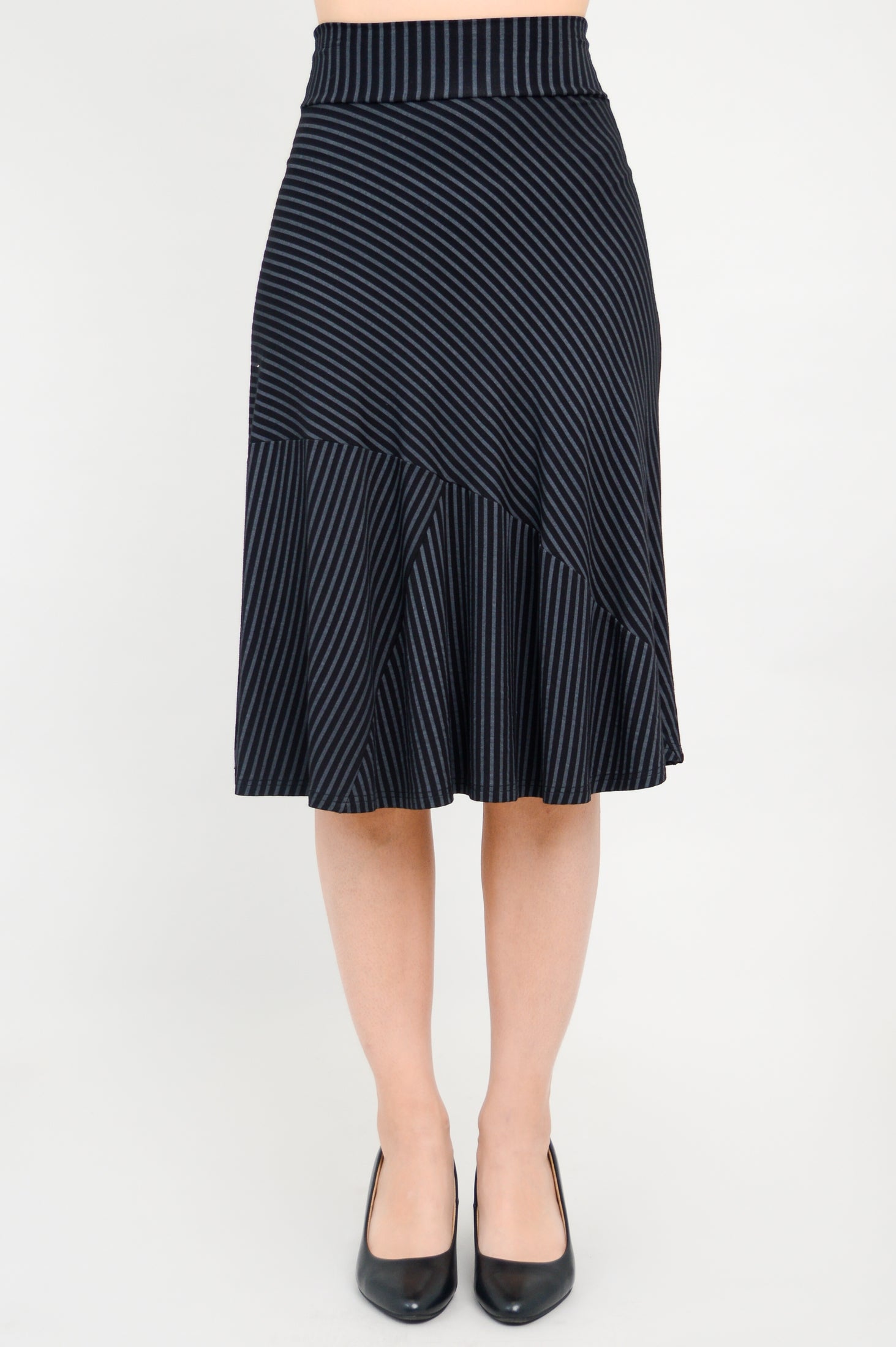 Lillian Skirt - Black & Grey Striped Bamboo Fabric Women's Midi Skirt | Comfortable & Eco-Friendly | Perfect for Office, Date Night & Summer Outfits