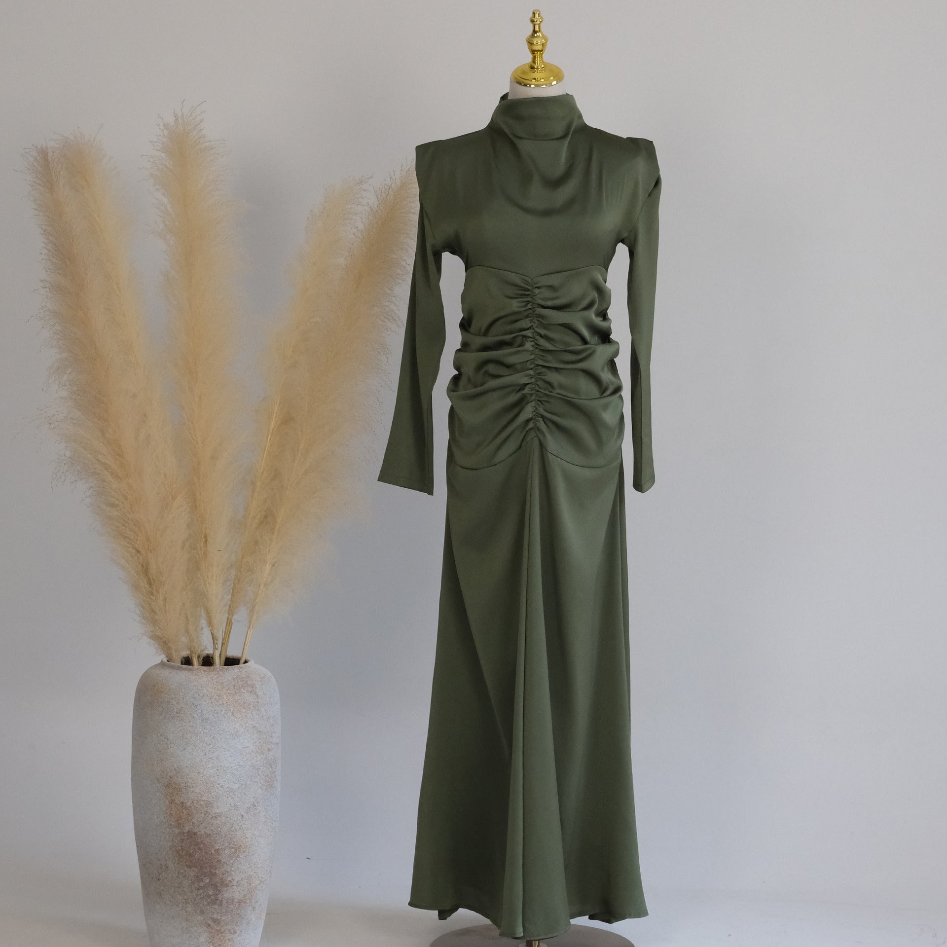 Elegant Plain High Neck Pleated Abaya Dress for Women - Modest Muslim Prayer Dress for Mosque & Special Occasions
