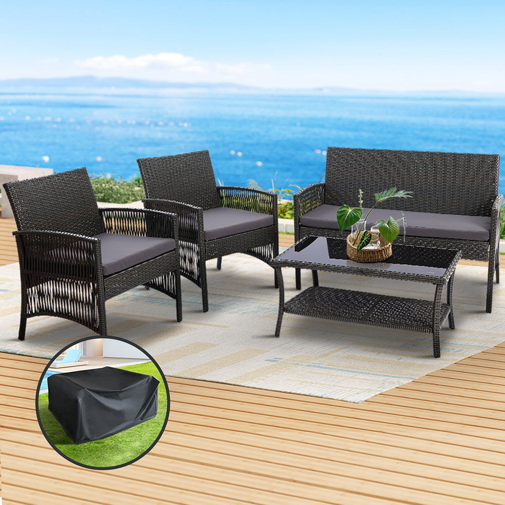 4-Piece Outdoor Sofa Set with Storage Cover, Wicker Harp Chairs & Table in Gray – Perfect for Patio, Garden, and Poolside Relaxation