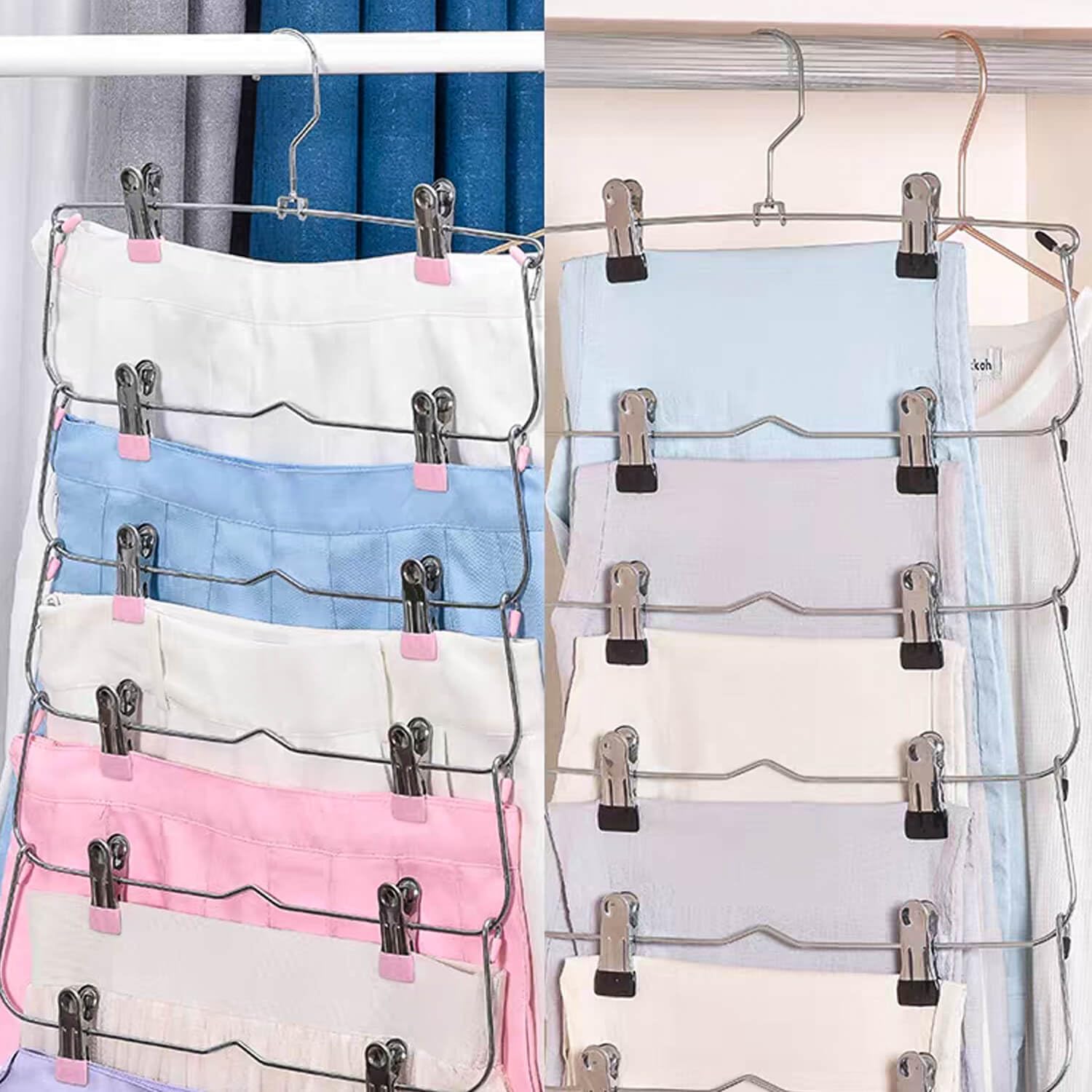 6-Tier Metal Skirt & Pants Hangers with Non-Slip Clips - Space Saving Closet Organizer for Shorts, Skirts & Clothes Storage (Black, 4-Pack) - Perfect for Wardrobe Organization & Small Closet Spaces