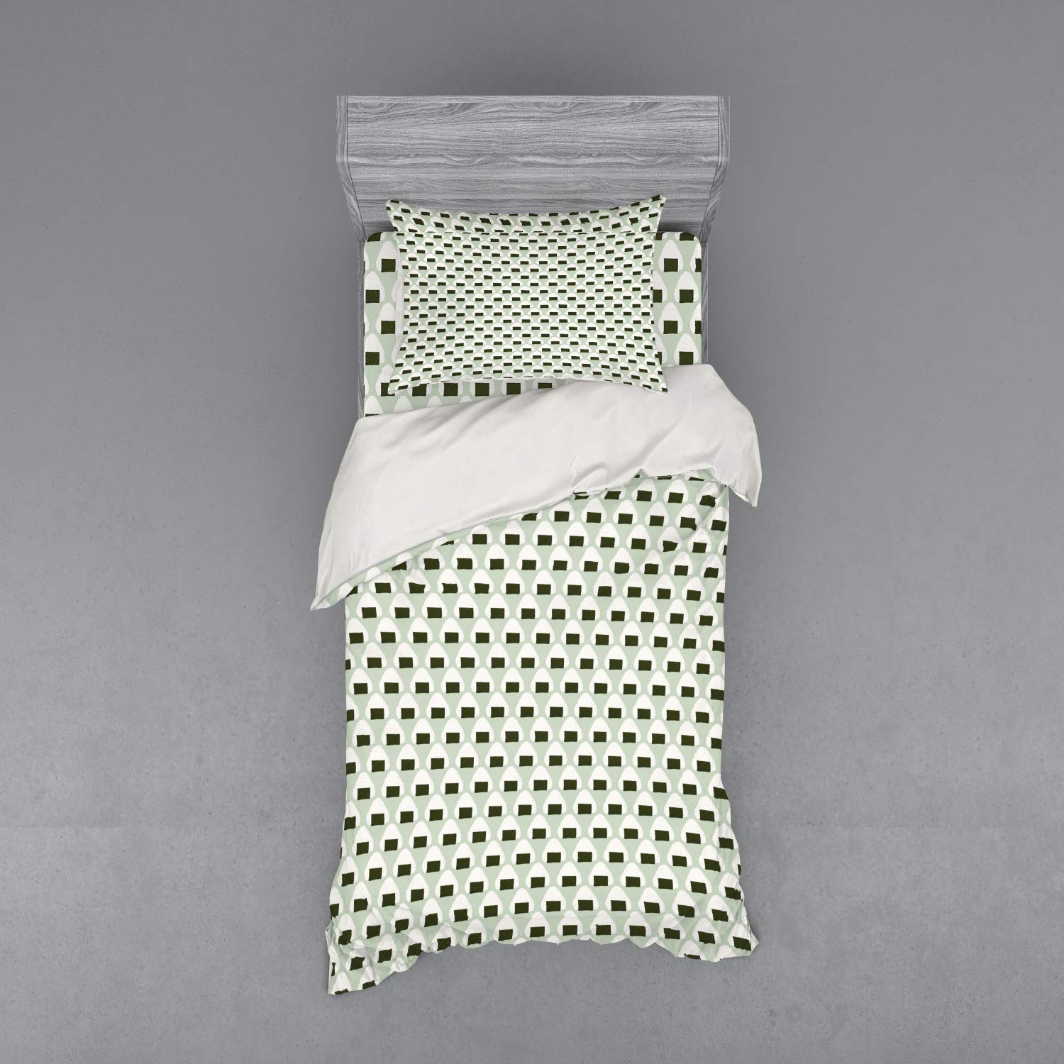 Ambesonne Abstract Bedding Set - Japanese Onigiri Rice Balls Pastel Snack Design, 3-Piece Duvet Cover Set with Pillow Sham & Fitted Sheet, Twin Size in Pale Green & Dark Green - Perfect for Teen Bedrooms, Dorm Rooms & Modern Apartments