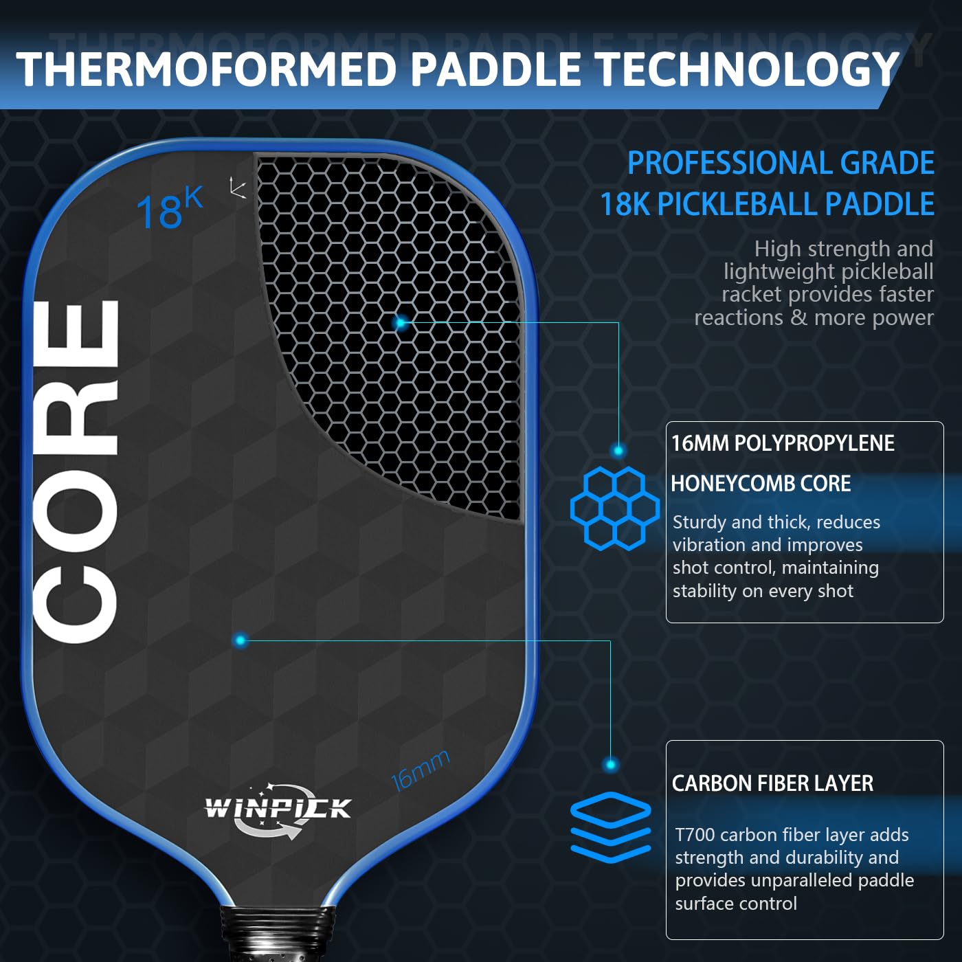WINPICK USAPA Approved Pickleball Paddle - T700 Carbon Fiber Thermoformed Racket with High Spin & Power, 16mm Polypropylene Honeycomb Core, Anti-Slip Comfort Grip - Perfect for Competitive Play & Recreational Games